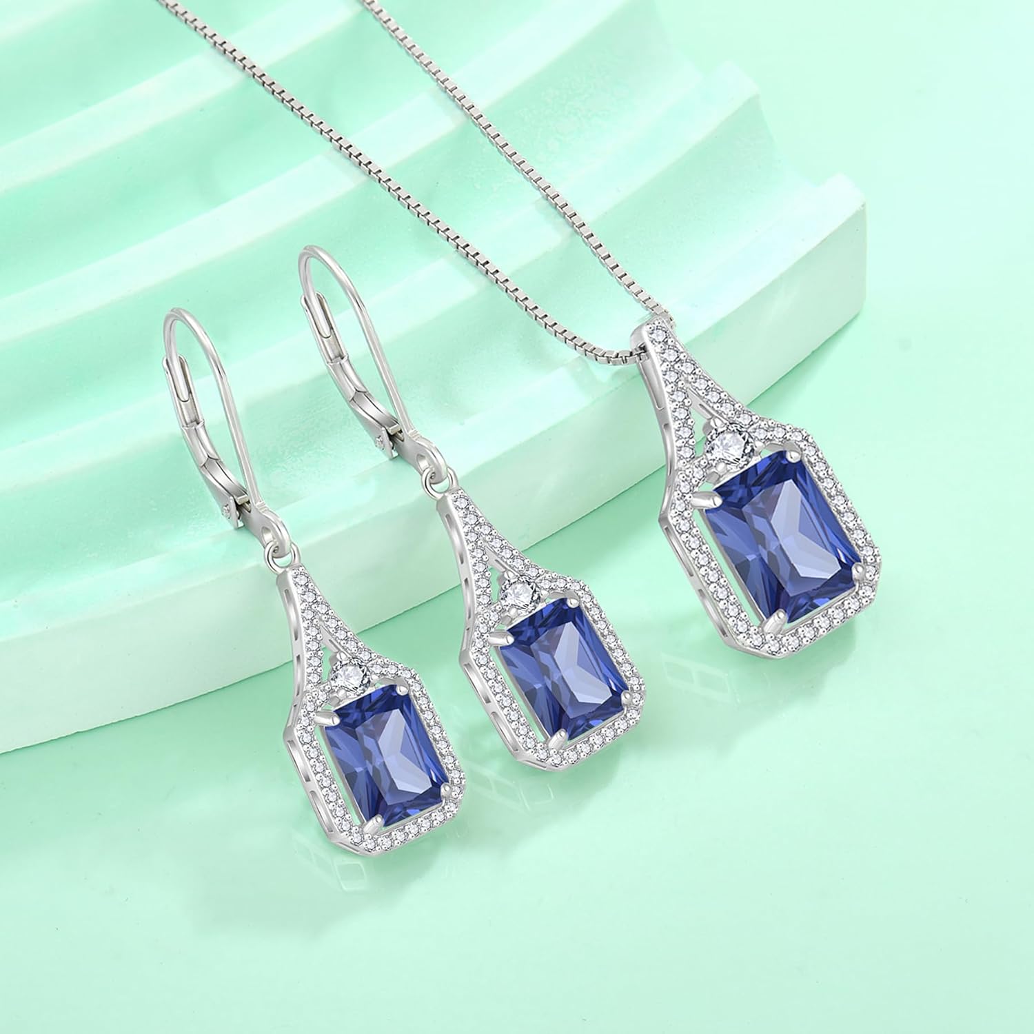 Emerald Cut Dangle Drop Earrings 925 Sterling Silver Halo Rectangular Leverback Earrings Birthstone Jewelry for Women - Image 5