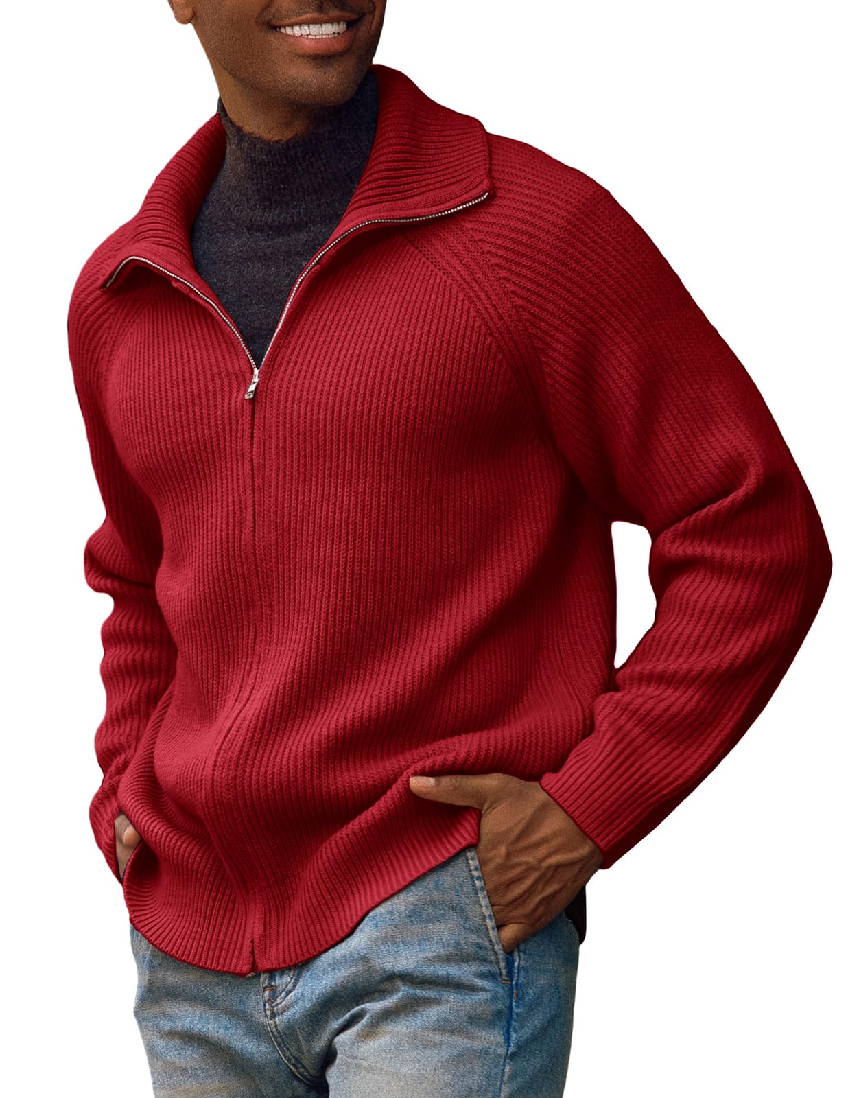 PJ PAUL JONESMen's Full Zip Cardigan Sweaters Unisex Relax Fit Lapel Collar Raglan Sleeve Casual Ribbed Sweater
