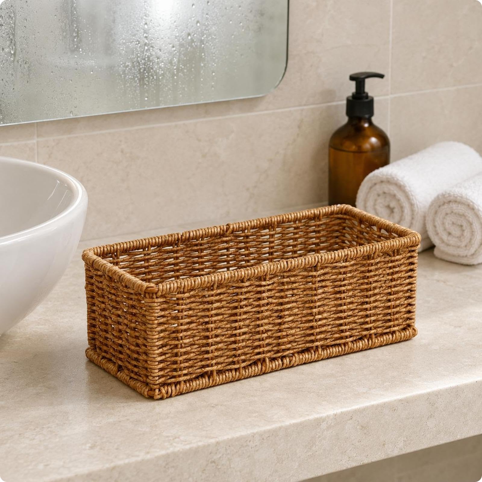 Rectangular Storage Basket Reinforced Rim Rattandesign Basket Woven Household Organizer Light Brown a-image-41