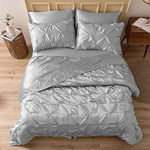 MR&HM Satin Comforter Full 7 Pieces - Luxurious Pinch Pleat Bedding Set with Comforter, Flat Sheet, Fitted Sheet, Pillowcases & Shams, Super Silky Soft Bed Set for All Season (Full, Silver Grey)
