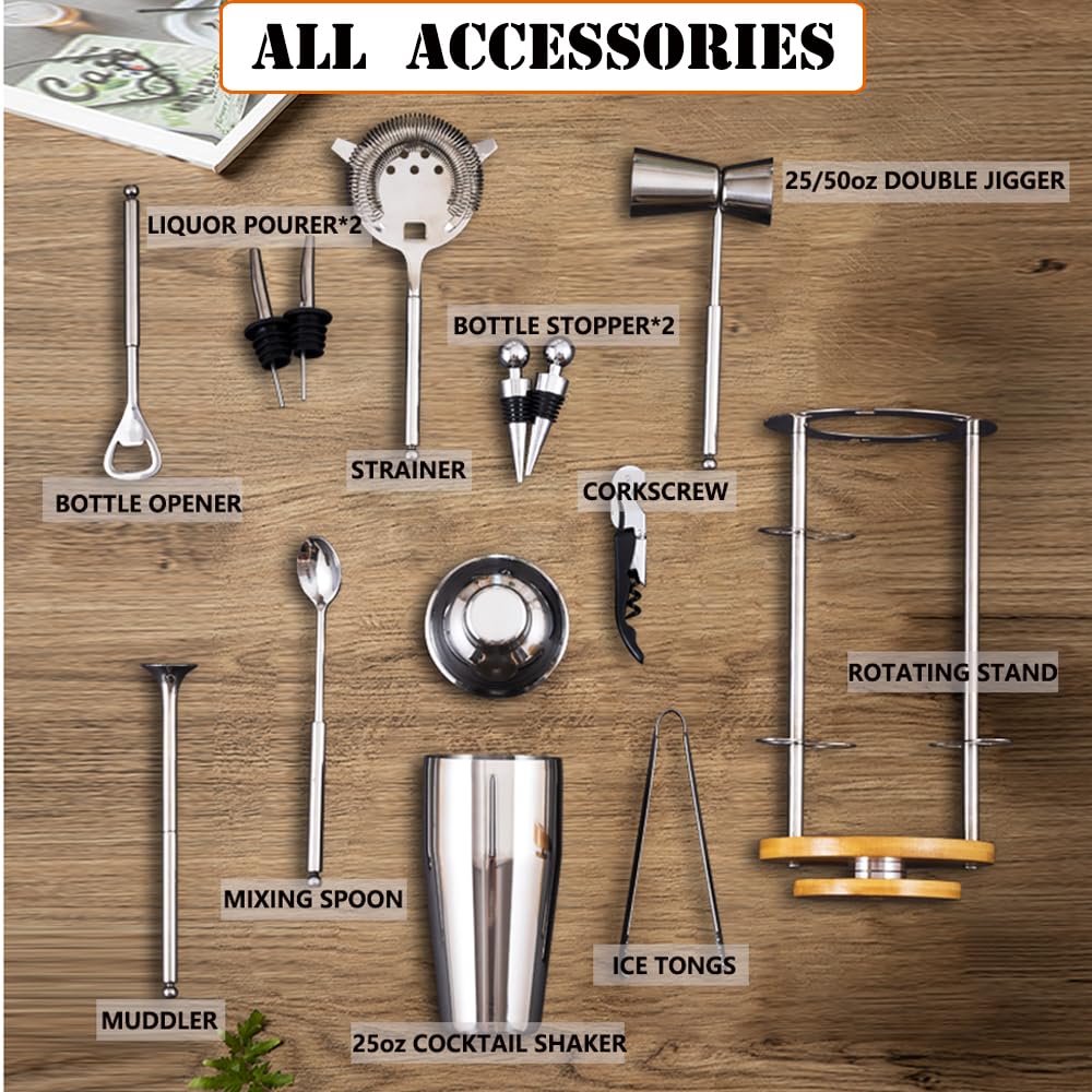 Kit de barman con soporte giratorio, juego de coctelera de 13 piezas de acero inoxidable, herramientas de barra de mixología, juego profesional de bar para mezclar bebidas, hogar, bar, fiesta,