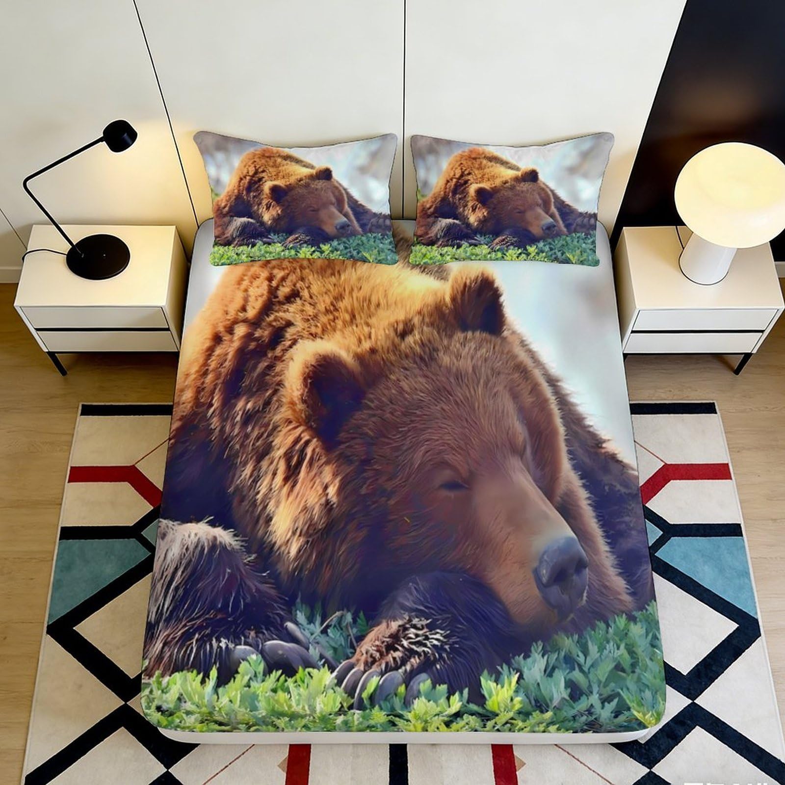 3D Printed Sleeping Brown Bear Fitted Sheet Microfiber Soft Durable Cozy Relaxing Mattress Cover for Bedroom Dormitory Guest Room Mattress Protection Decor 160x200x25cm