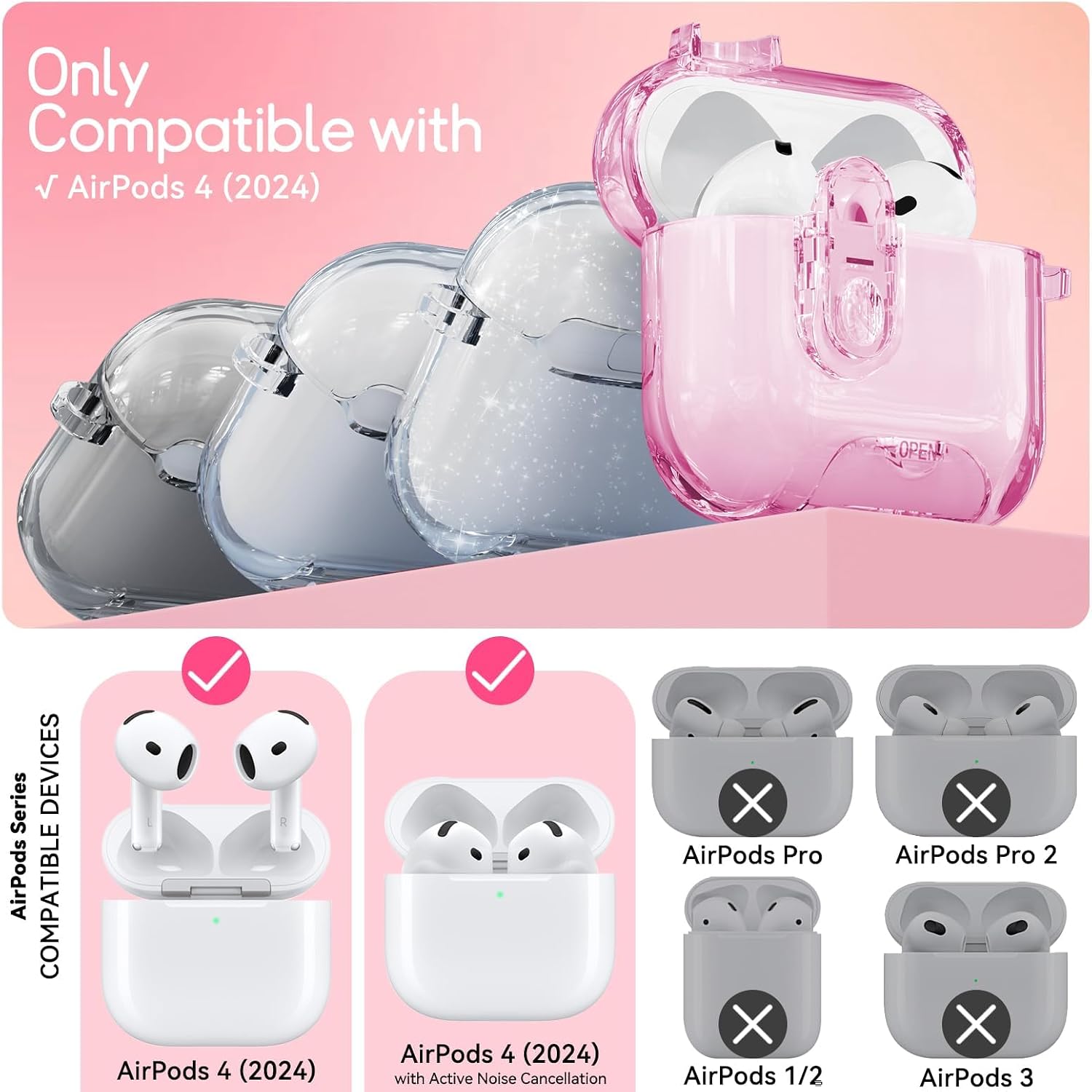 Clear Case for AirPods 4 Case Cover with Safety Lock,Soft TPU Cover with Phone Stand & Cleaning Kit,Cute Bling Keychain for Women Girls-Clear Pink