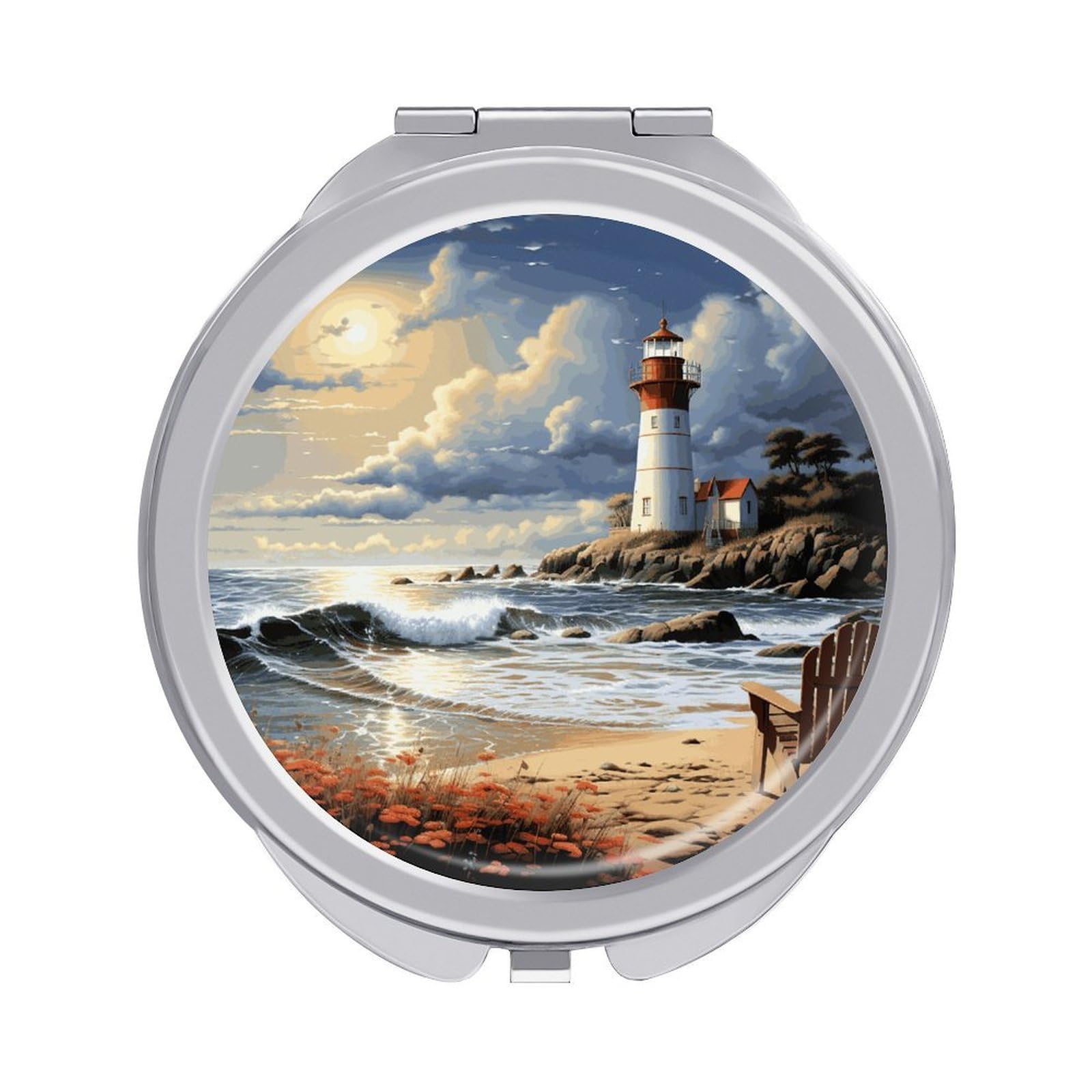 FekiLoot Sea Lighthouse Sandbeach Travel Makeup Mirror 2 X /1 X Magnifying Slim Pocket Mirrors Compact for Purse Travel Makeup Mirrors for Pocket, Handbag, Purse Women Gift