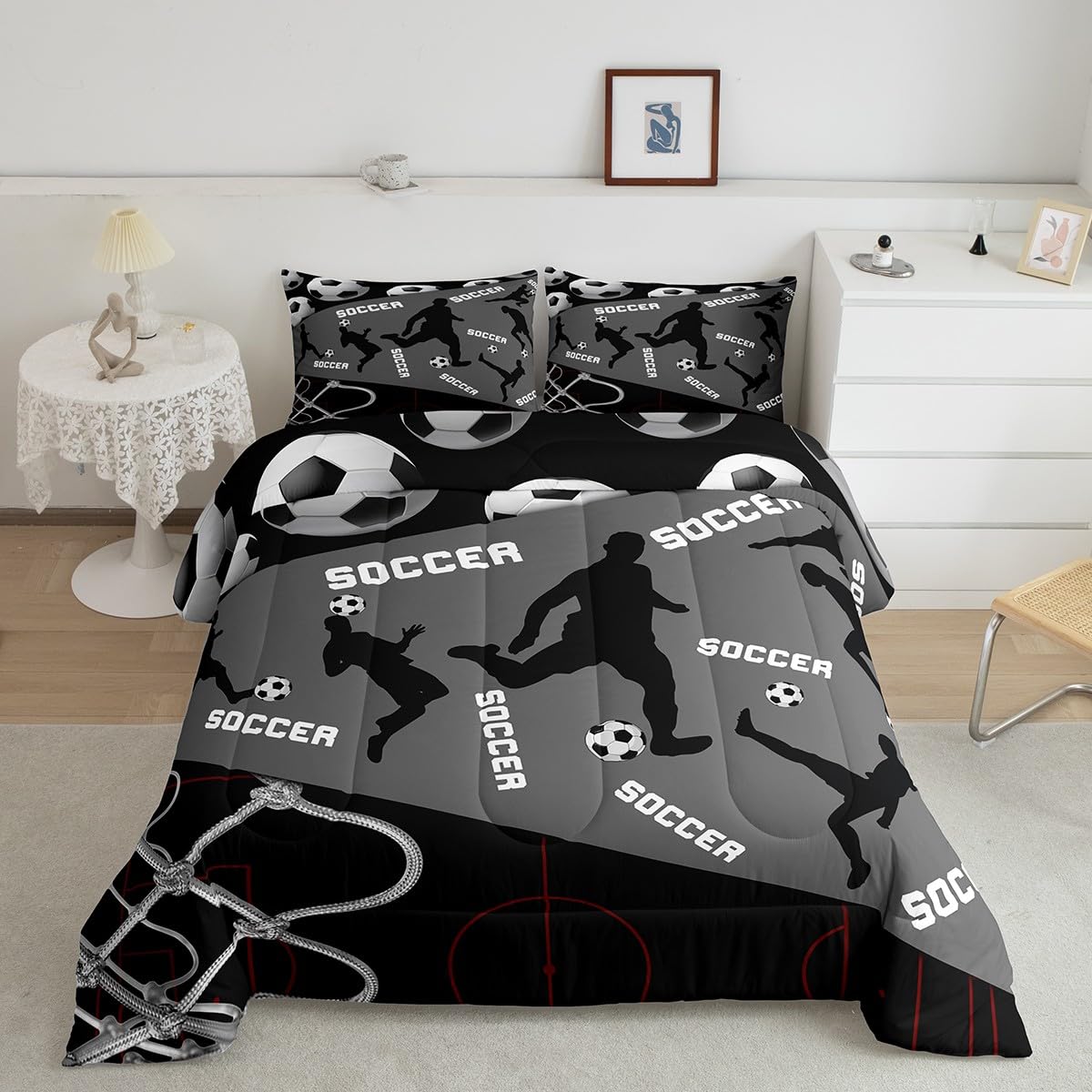 Erosebridal Grey & Black American Soccer Bedding Set Boys Comforter Set for Teens Youth - Twin Soccer Player Quilt,Sports Duvet Insert with 1