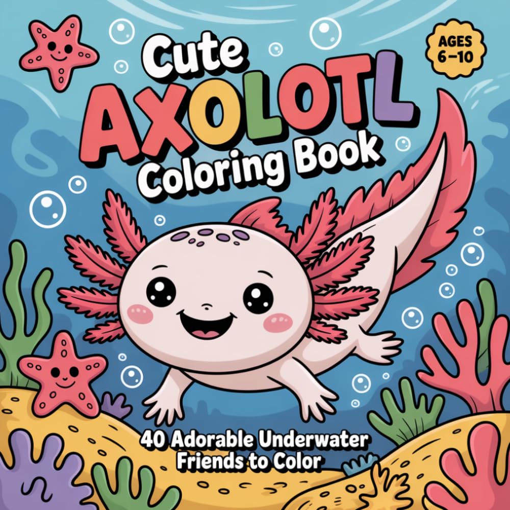 Cute Axolotl Coloring Book: 40 Adorable Underwater Friends to Color | Fun and Relaxing Coloring Pages for Kids Ages 6–10
