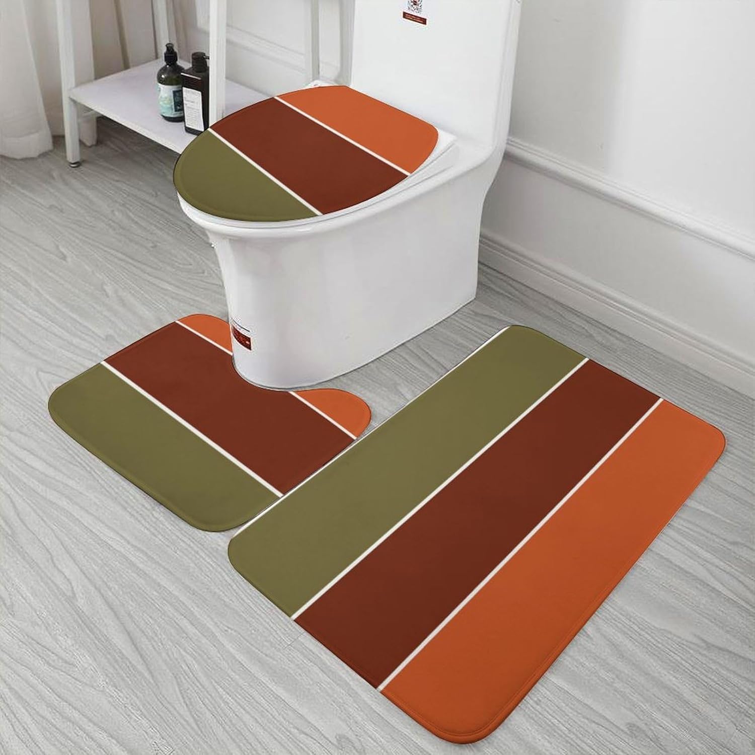 Bathroom Rugs Set 3 Piece Burnt Orange Stripes Bath Rug Mat Set, Non Slip Absorbent Bathroom Decor Mat, Toilet Lid Cover & U Shaped Contour Rug
