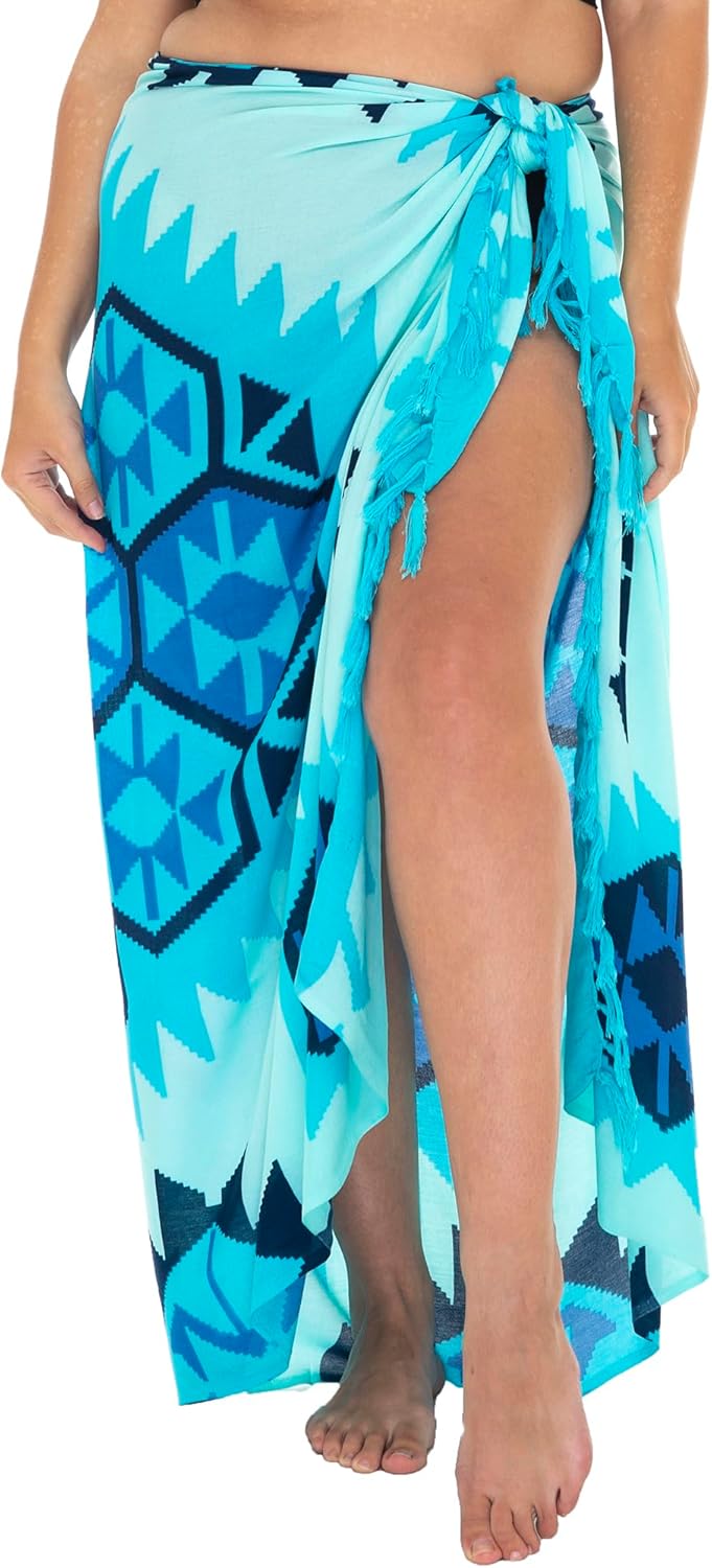 SHU-SHI Sarong Wraps for Women Beach Cover up Skirt Rayon Pareo Hand-Screen Printed Tribal Geometric Lightweight Wrap