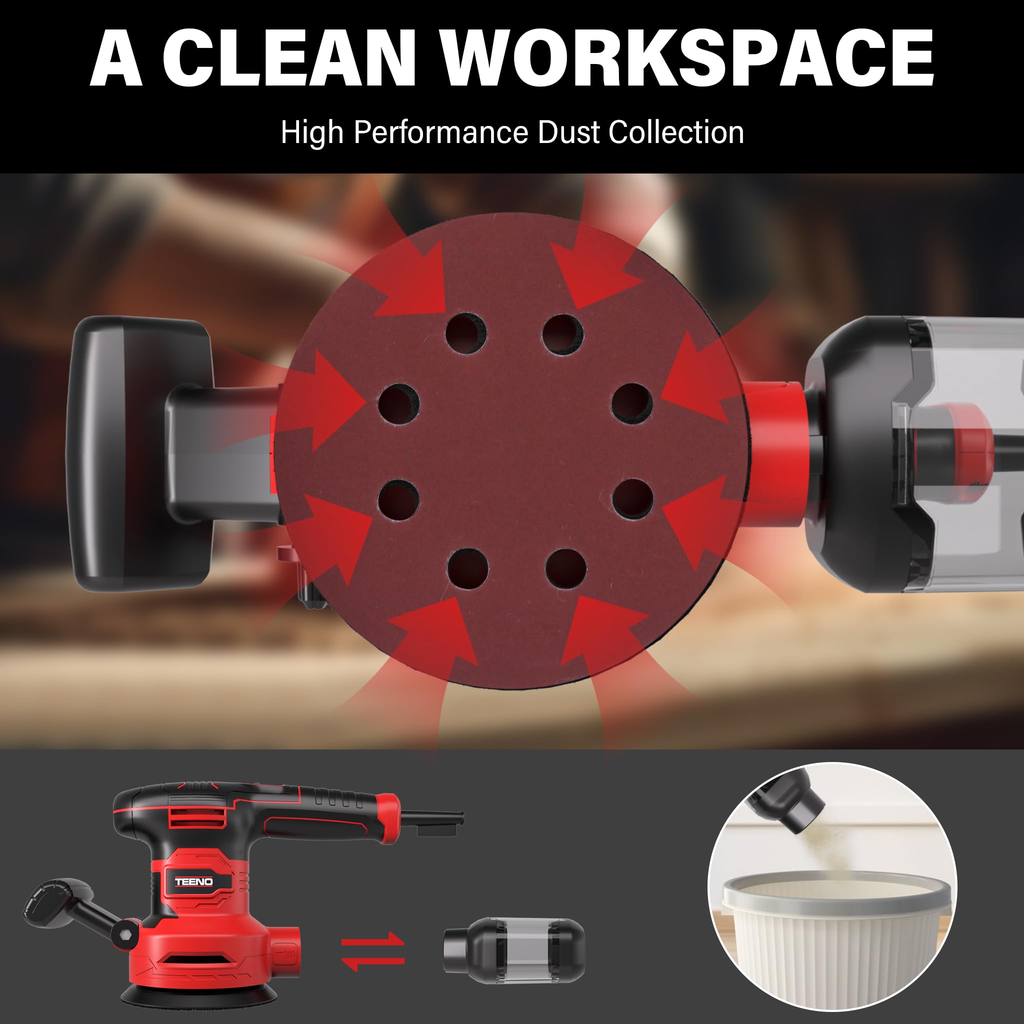 TEENO Levigatrice Orbitale 450W con 6 Velocità, Ø125/150mm, 13000 RPM,20 Dischi Abrasivi, Contenitore Polvere, Cavo 2 m – Con Occhiali e Guanti – Per Legno, Metallo, Plastica