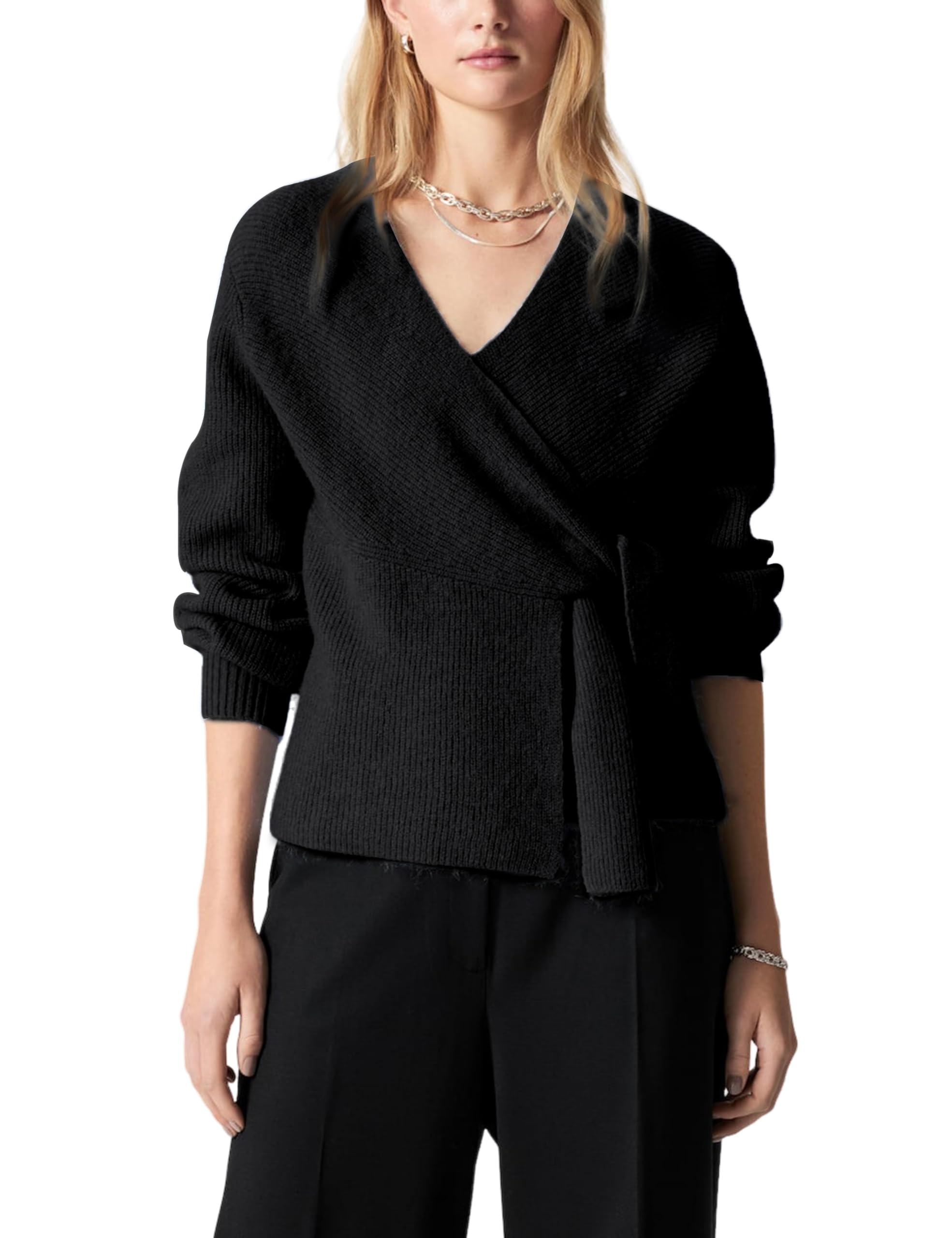 Womens Knitted Wrap Cardigan V-Neck Long Puff Sleeves with Self-Tie Belted Waist Sweater Tops