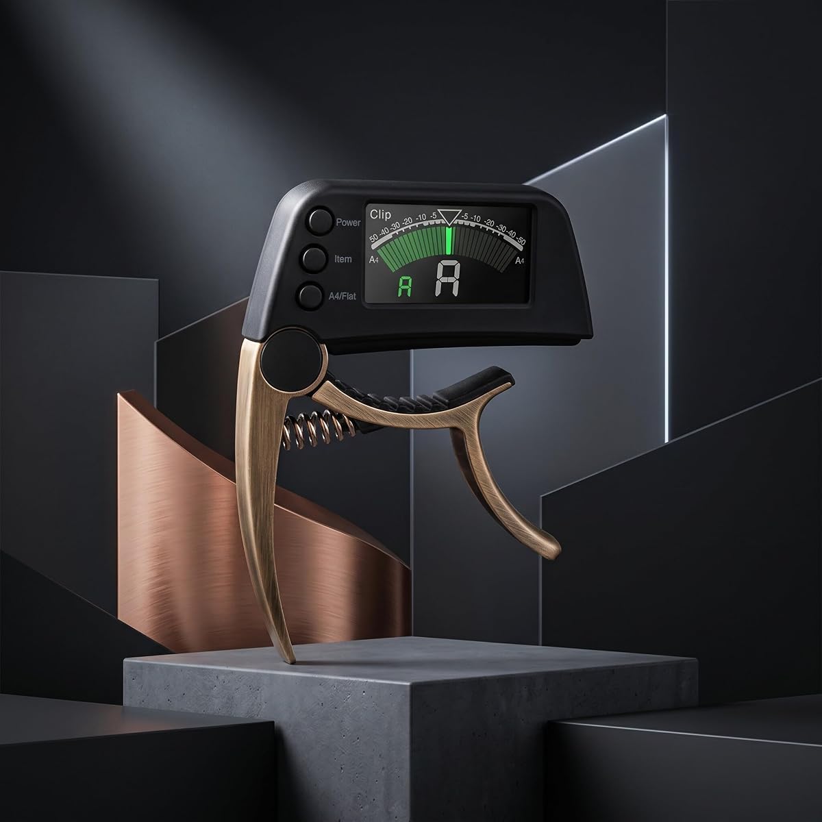Guitar Capo Tuner, 2 in 1 Clip On Capo with Digital Tuner for Guitar and Bass Zinc Alloy Built in Tuner Chromatic Tuner with LCD Display (Plating bronze)