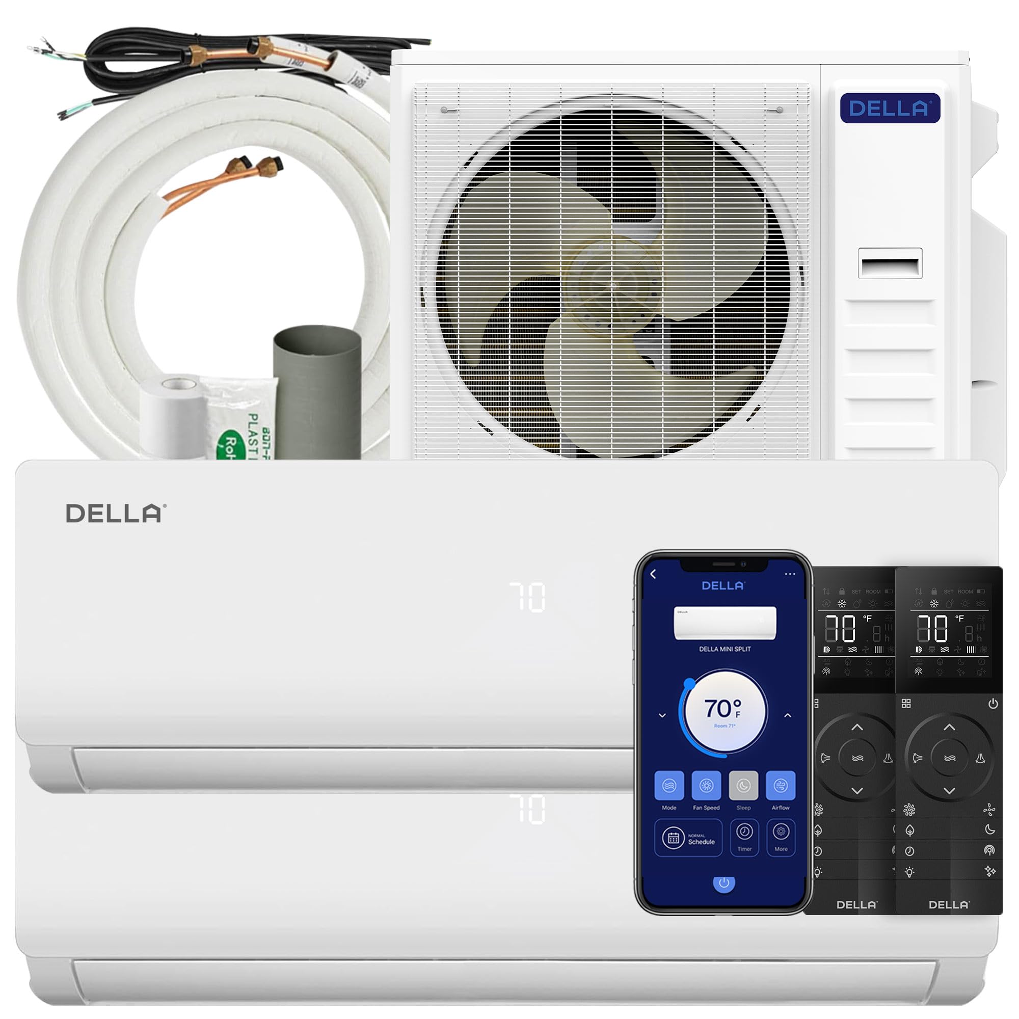 DELLA 45K BTU ODU 2 Zona dual 24000 24000 BTU 19 SEER2 208 230V Enfría hasta 3000 pies cuadrados Wifi Multizona Sin ductos Precargado Mini Split AC Bomba de calor Funciona con Alexa Kits de instalación de 16 pies incluidos