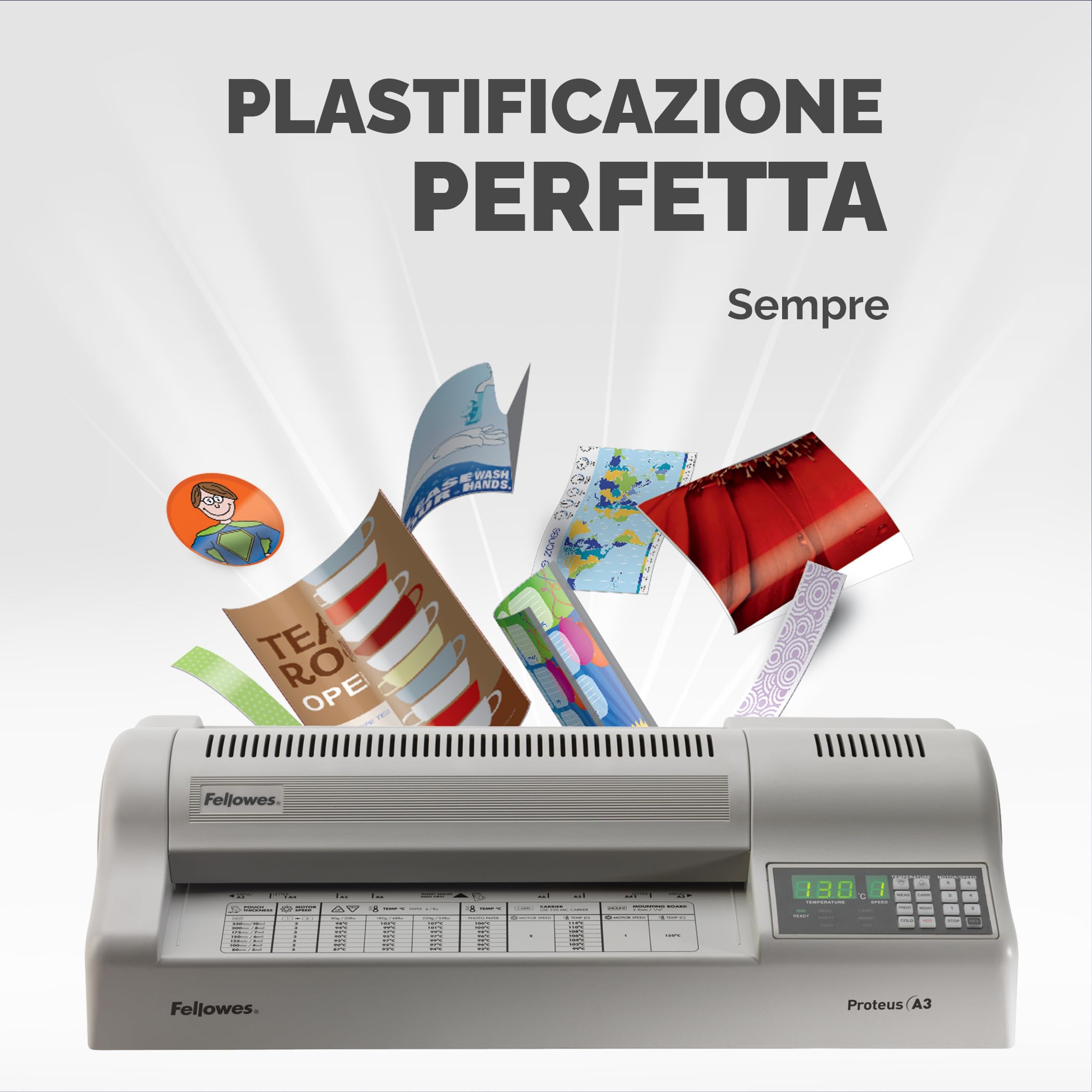 Fellowes 5709001 Plastificatrice Proteus A3, 95 cm/min, 6 Rulli, Plastifica a Freddo