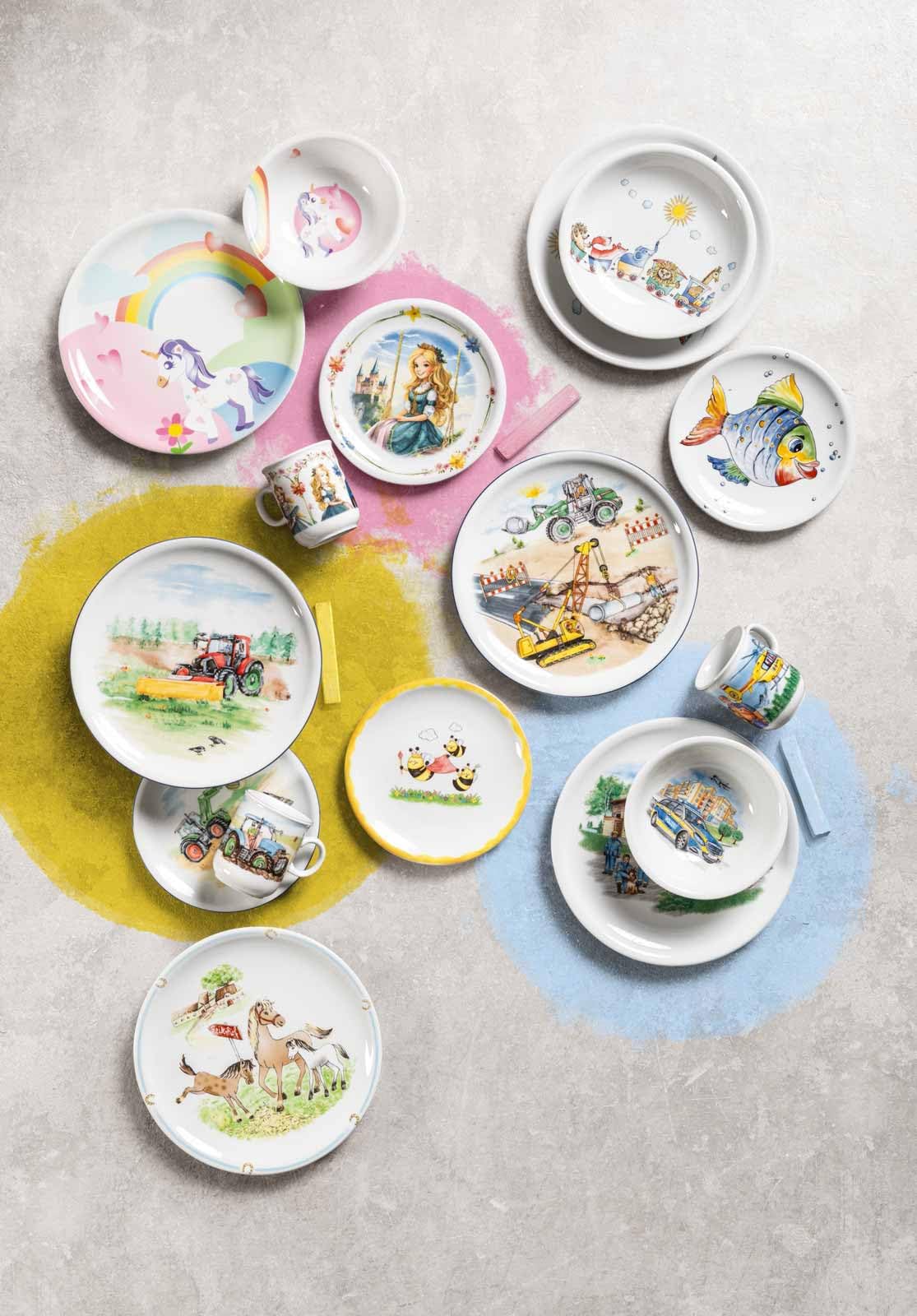 Seltmann Weiden Service de table compact pour enfant 5 pièces, ensemble d'assiettes, bol et gobelet pour enfants, service pour enfants avec motifs colorés, porcelaine, sur le chantier