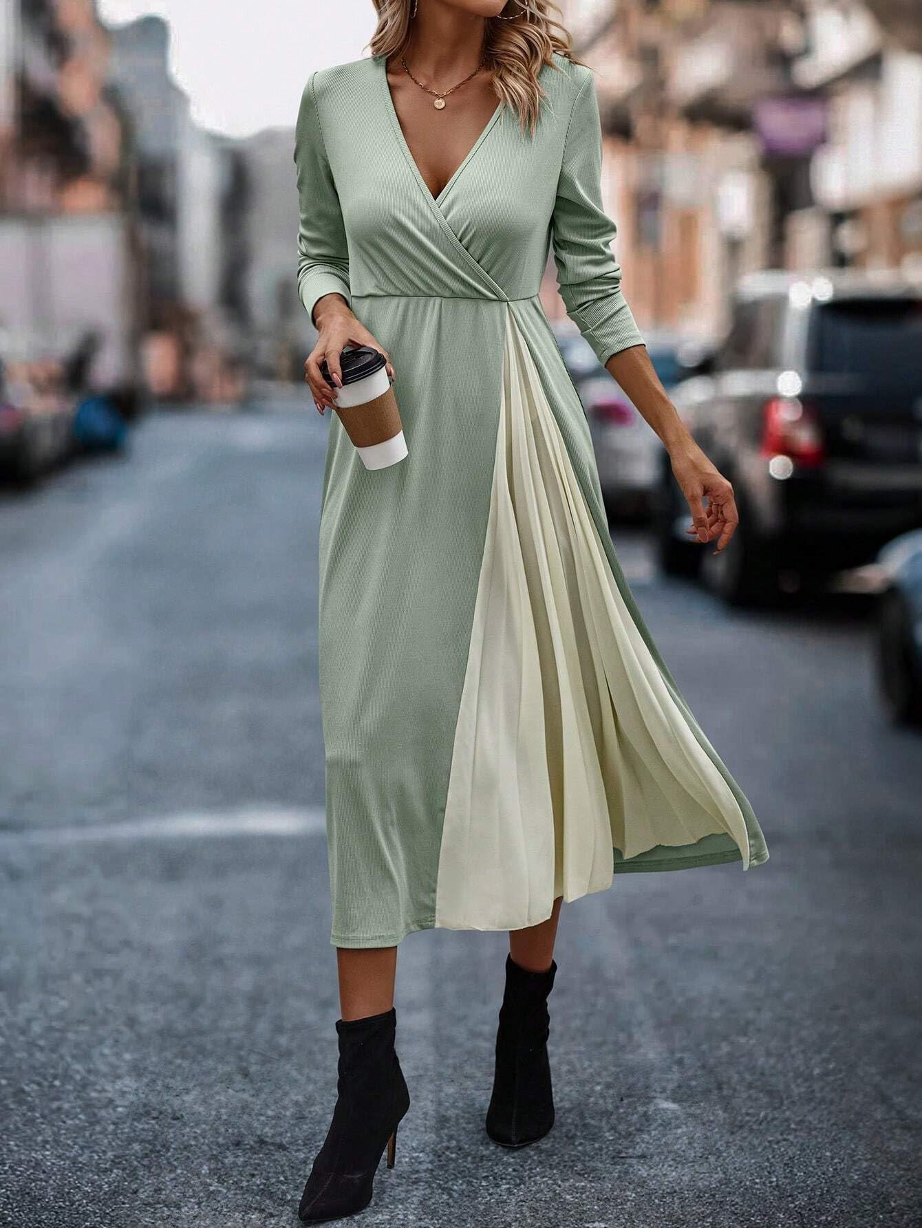 Amazon.com: Women's Dresses Two Tone Surplice Neck Pleated Hem