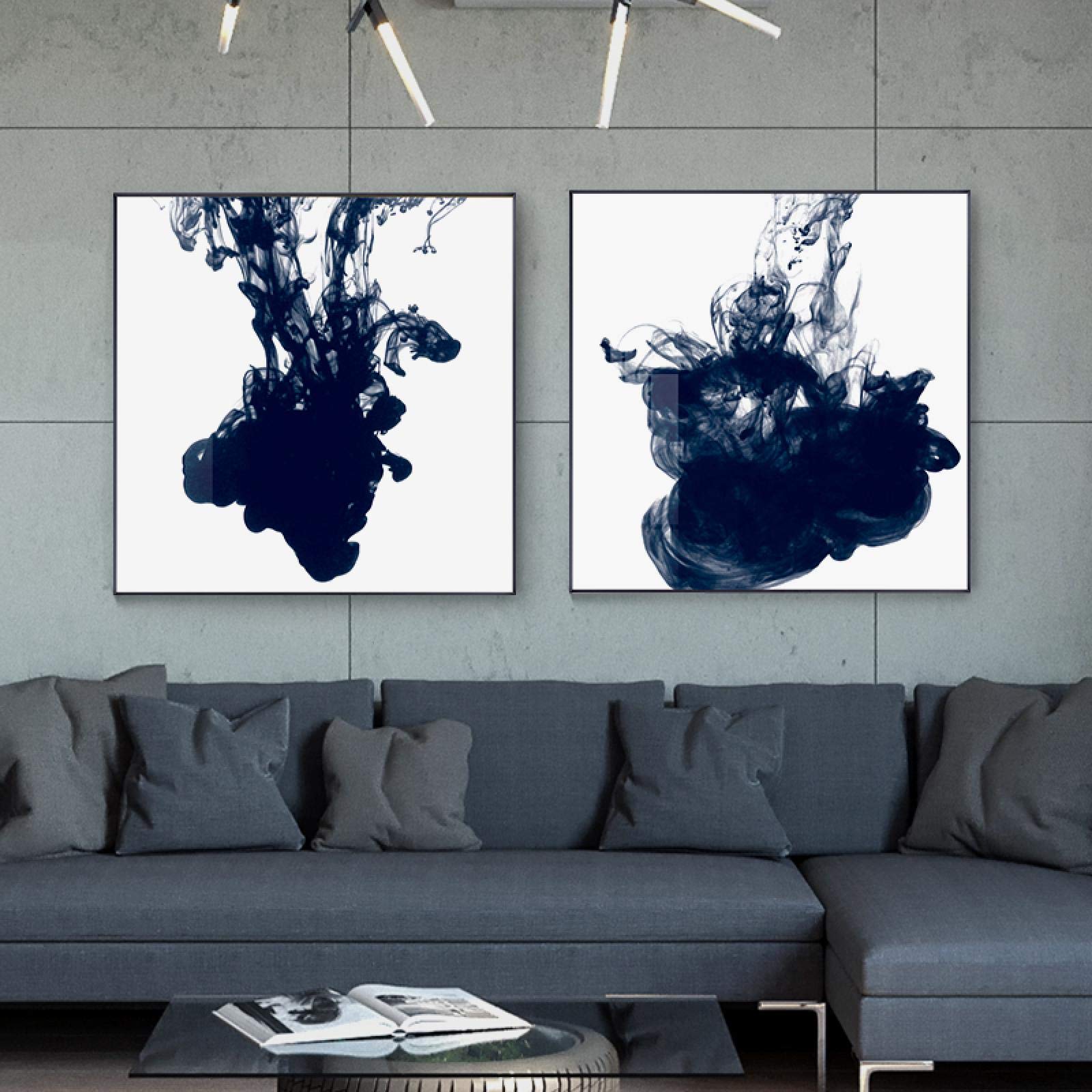 konkneleuh Abstract China Ink Canvas Painting Blue Posters Print Modern concretization Wall Art Pictures for Living Room Home Decor 40x40cm-2Pieces Frameless