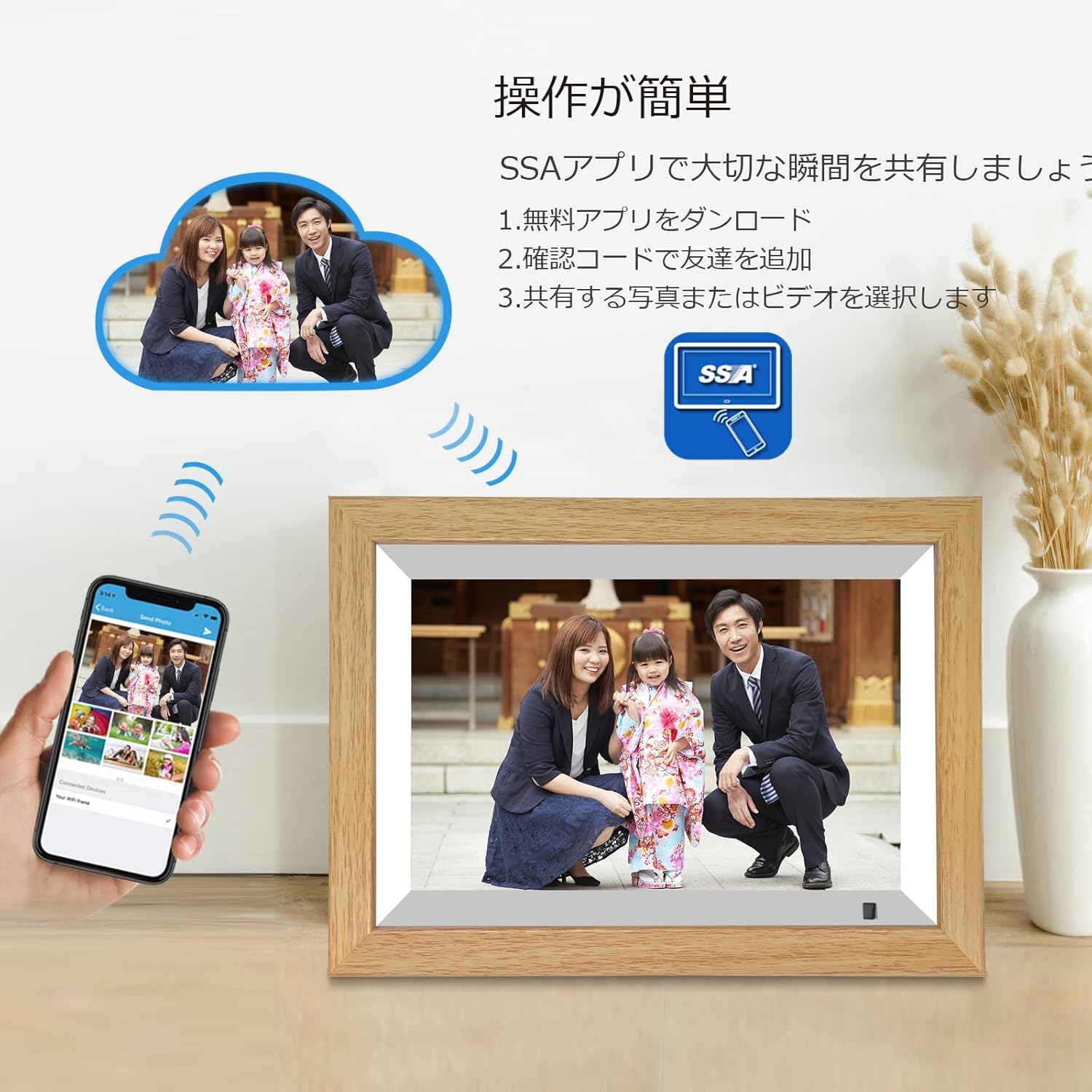 Diagram showing easy operation with SSA app for photo sharing