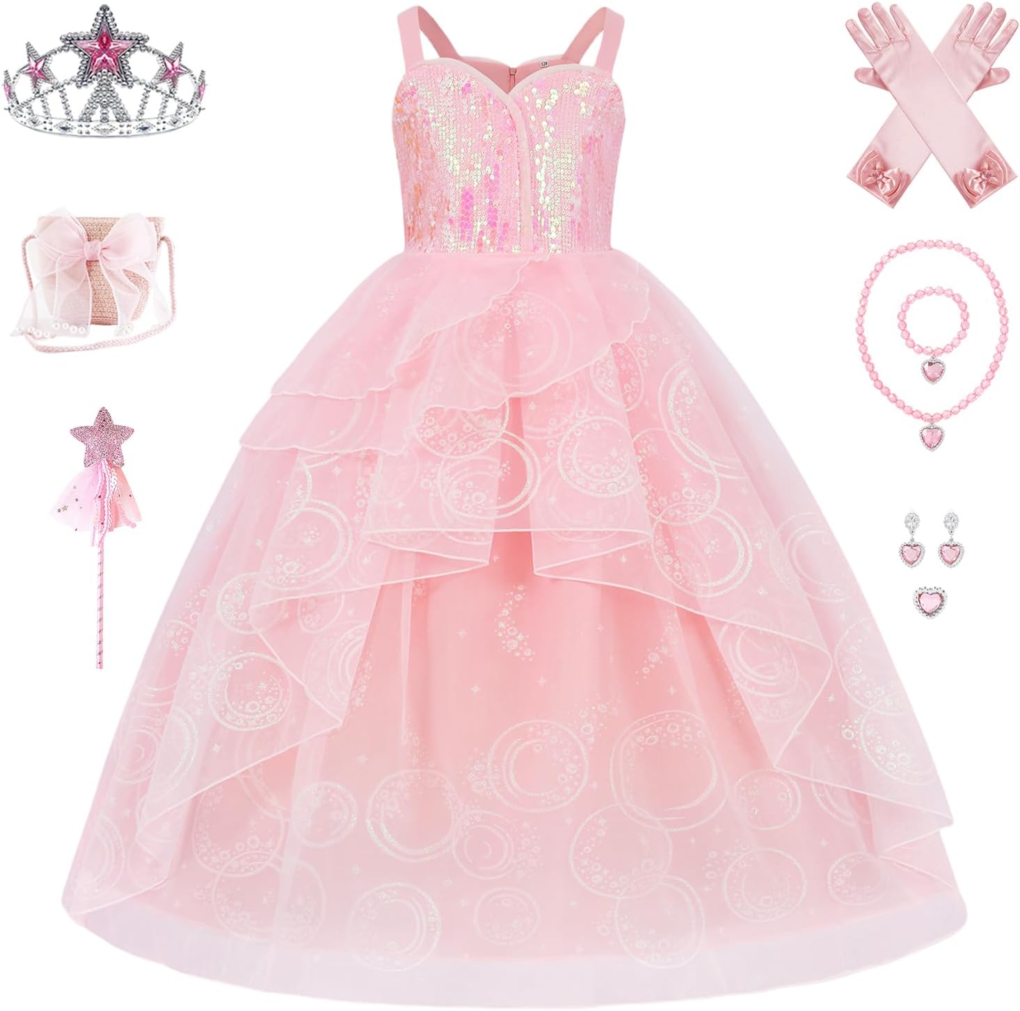 Girls Witch Costume Dress, Pink Tulle Dress for Kids Halloween Costumes & Birthday Party, Good Witch Cosplay Outfit Pink 4-5 Years