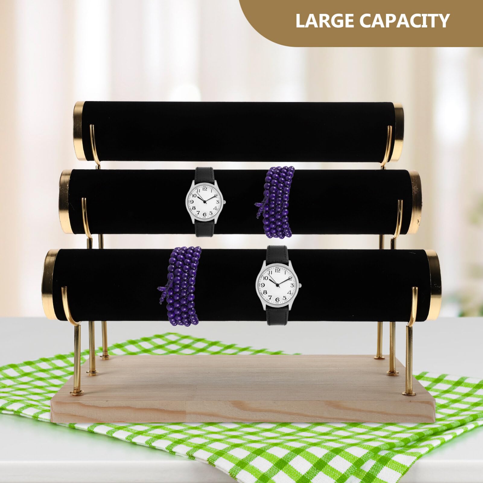 PRETYZOOM Armbandständer Samt Armbandständer Uhrenständer Armband Organizer Holz Schmuckständer 3 Etagen Schmuckhalter für Armbänder Uhren Halsketten Handschmuck Display Schwarz