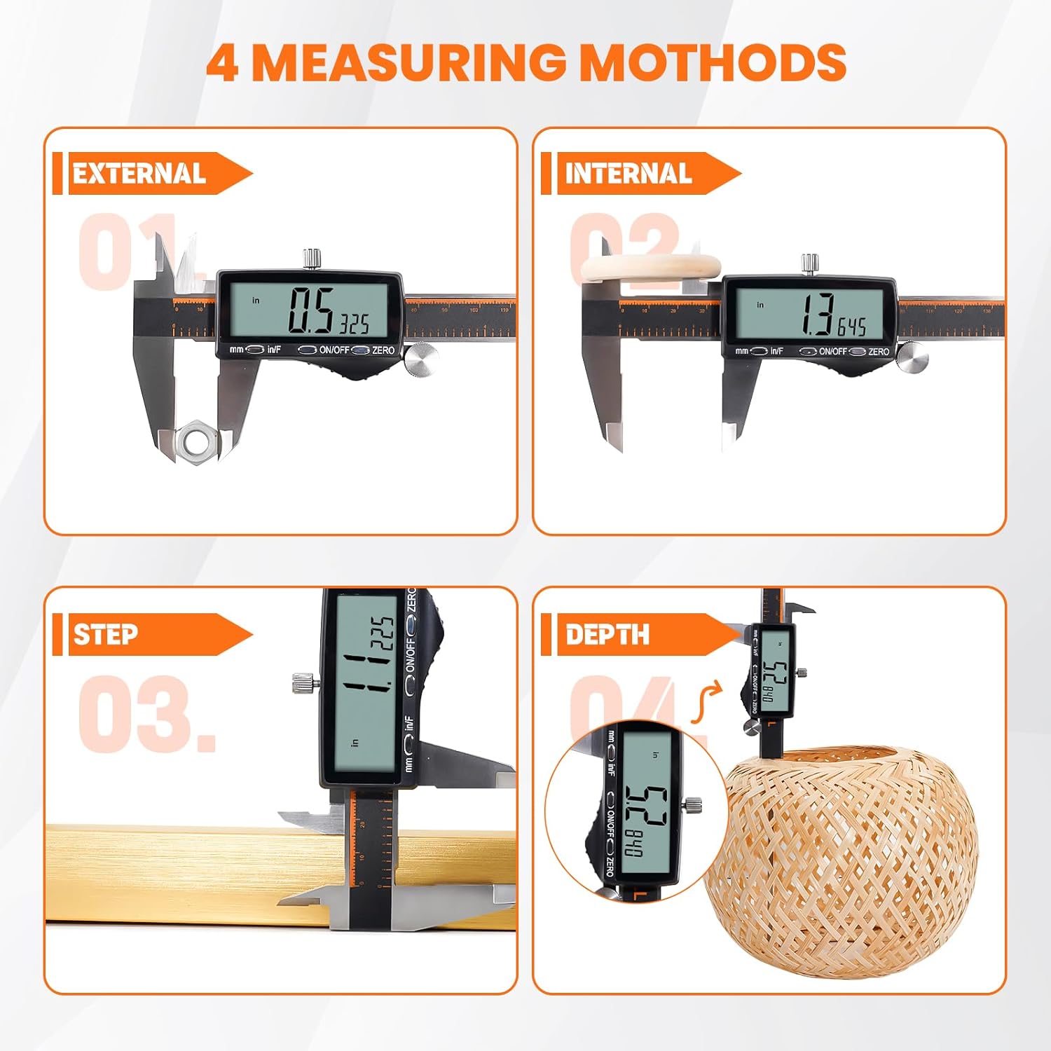 Four panels showing different measurement methods: External, Internal, Step, and Depth measurements using a digital caliper