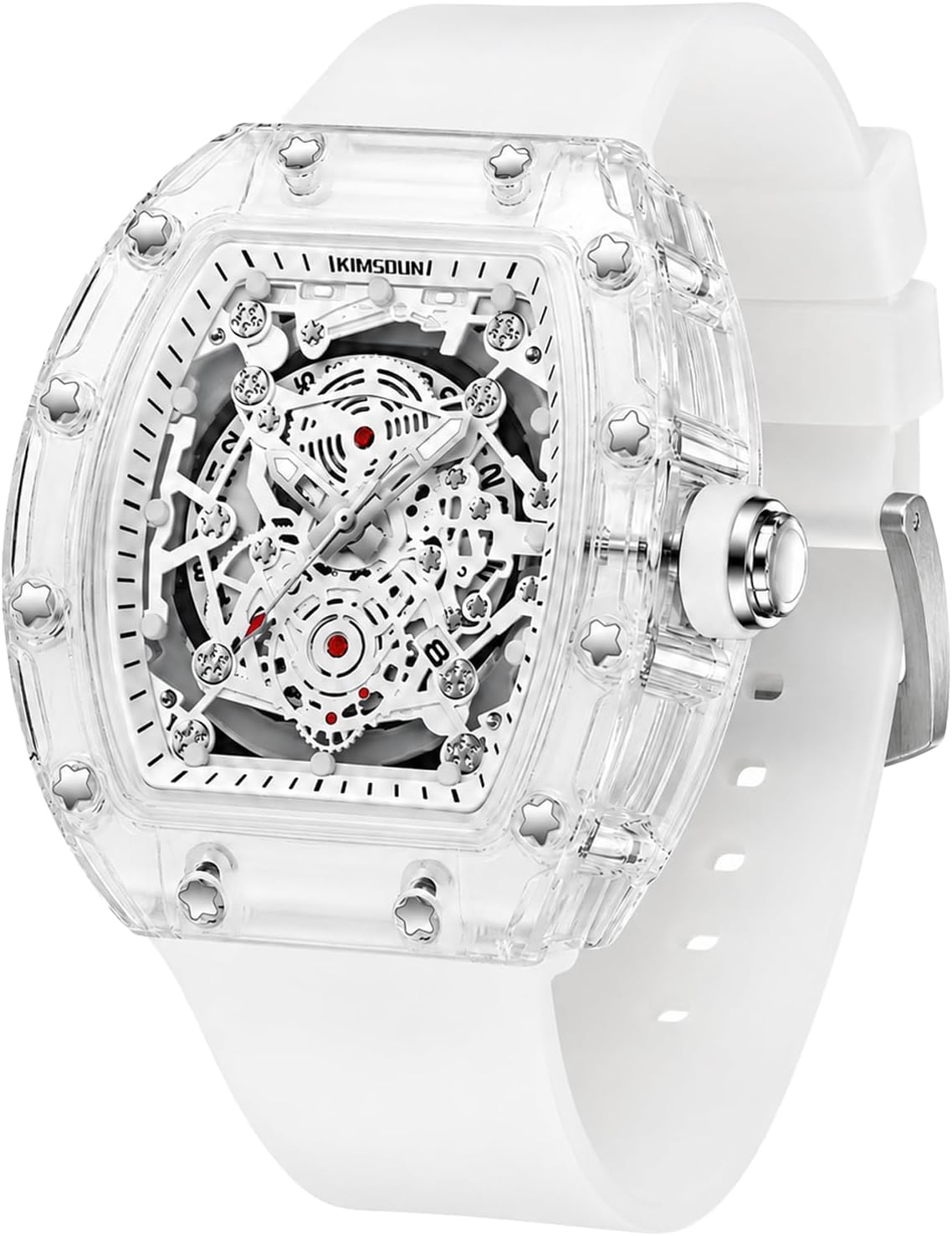 Fashion Hollowed Men Watches Tonneau Transparent Analog Display Silicone Strap Calendar Quartz Waterproof Trend Male Wrist Watch