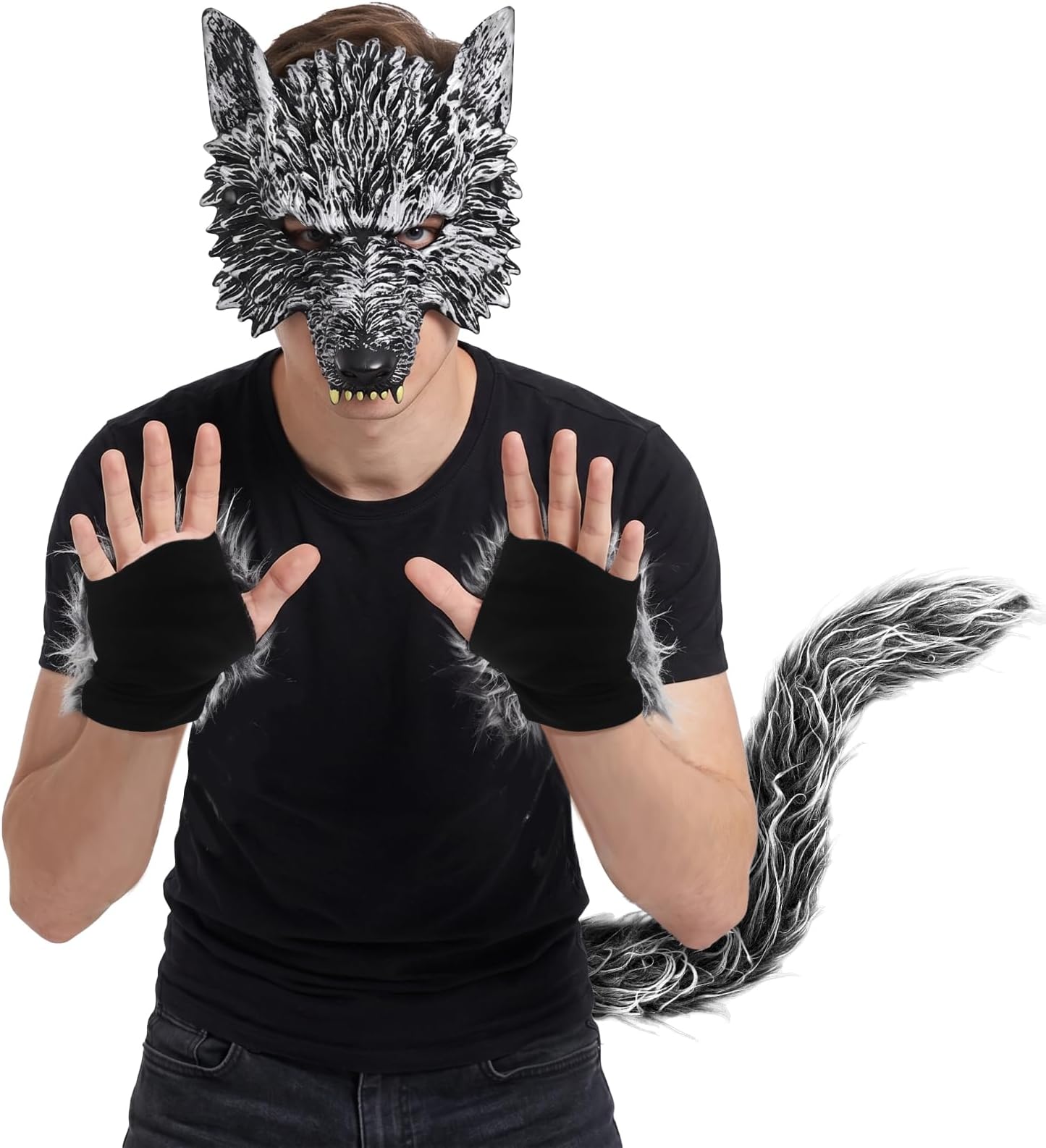 Werewolf Wolf Costume For Women Men Adult With Big Bad Wolf Ears Tails Glove and Mask For Halloween