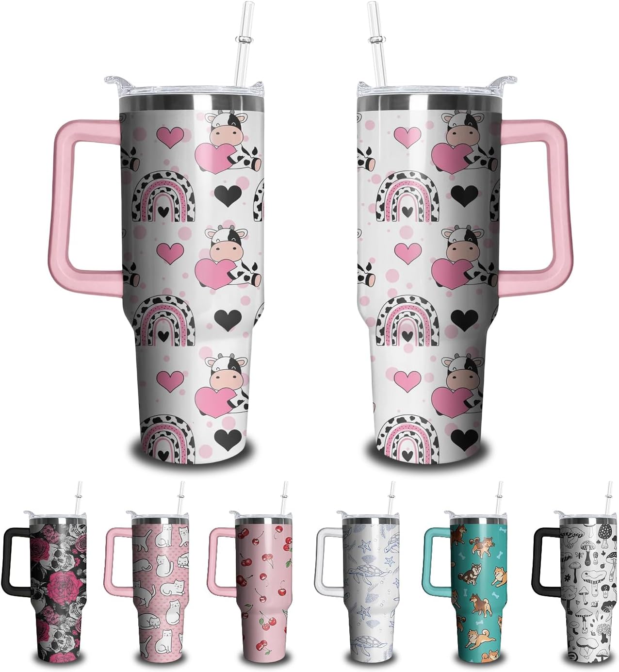 40oz Cow Tumbler with Handle and Straw, Hearts Stainless Steel Insulated Cup with L...