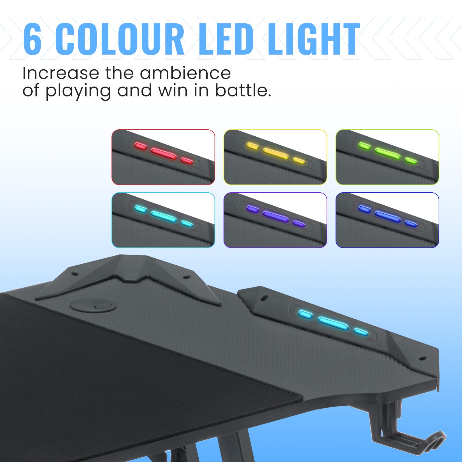 Bureau Gaming LED Kidsgigglz - 120x60 Cm, Forme En Z - Porte-gobelet Et Crochet Casque - Charge 150 Kg