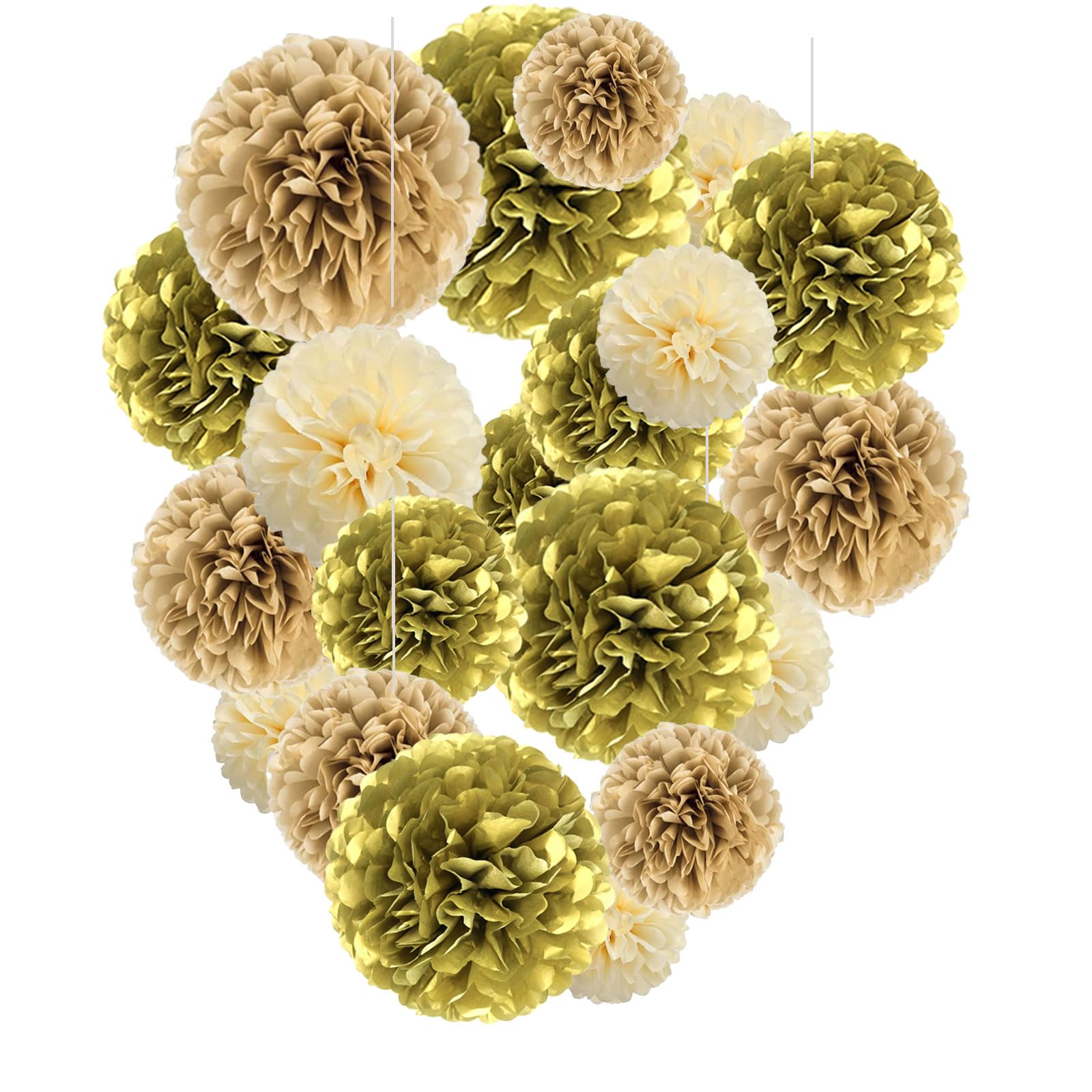 Capesaro Gold Paper Pom Poms - Tissue Pom Poms Decorations for Party Wedding Hanging Decor - 15 Piece Set, Variety Pack