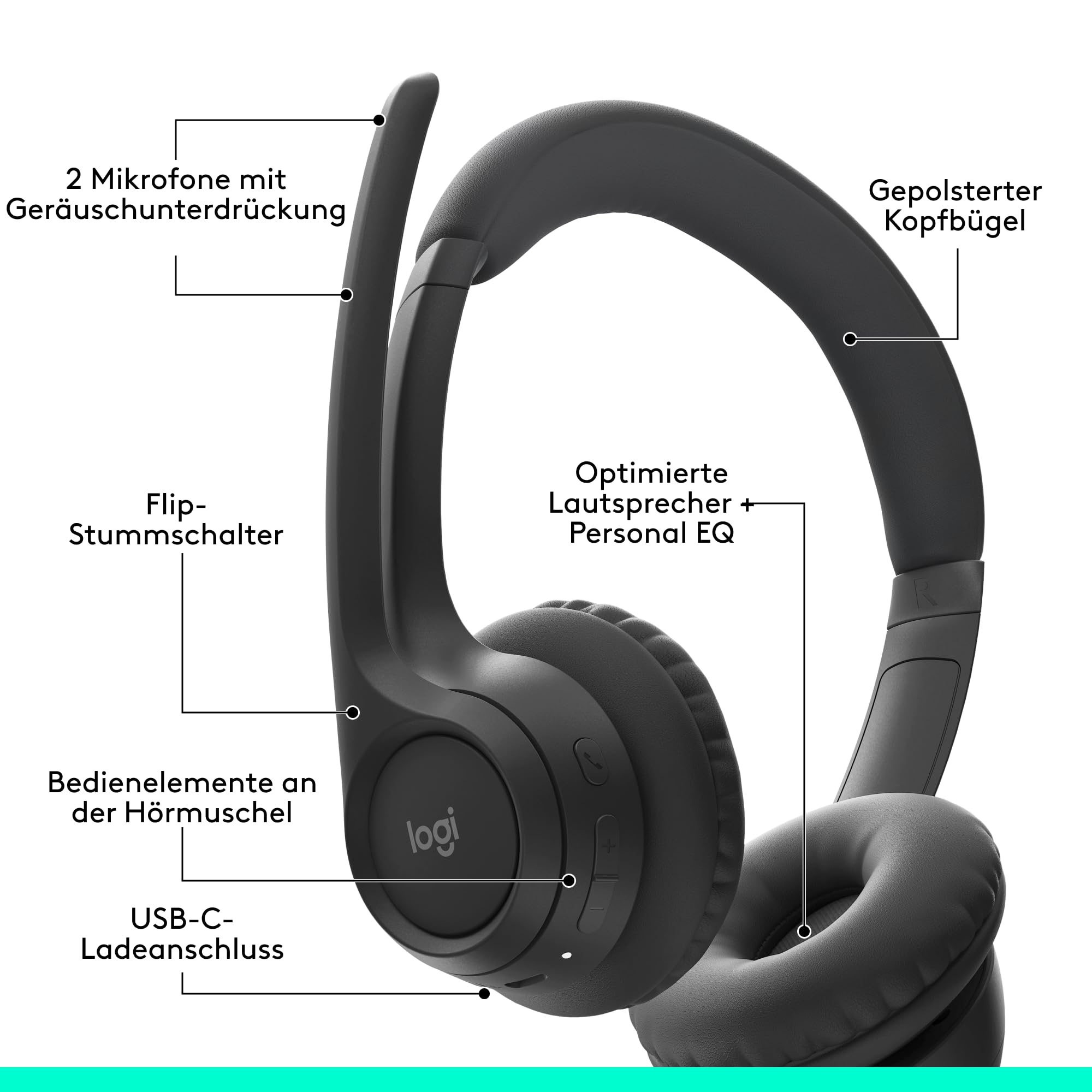 Logitech Zone 300 Wireless Bluetooth Headset mit Mikrofon inkl. Geräuschunterdrückung, kompatibel mit Windows, Mac, Chrome, Linux, iOS, iPadOS, Android - Schwarz