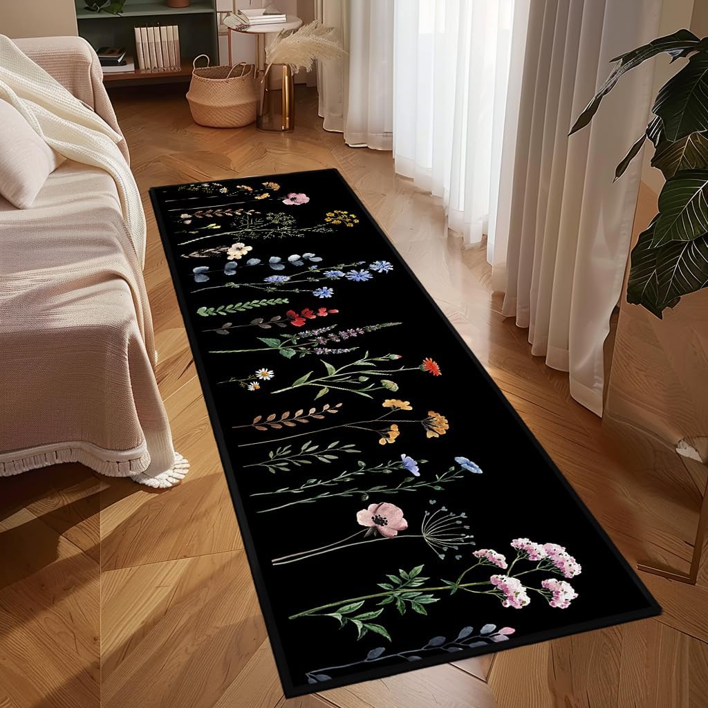 Florals Runner Rug for Hallways,Floral Rug for Bedroom,Spring Theme Bathroom Kitchen Runners Washable Rug Boho Small Rug Non-Slip Low-Pile Floor Carpets for Entryway Hallways,Laundry,Black