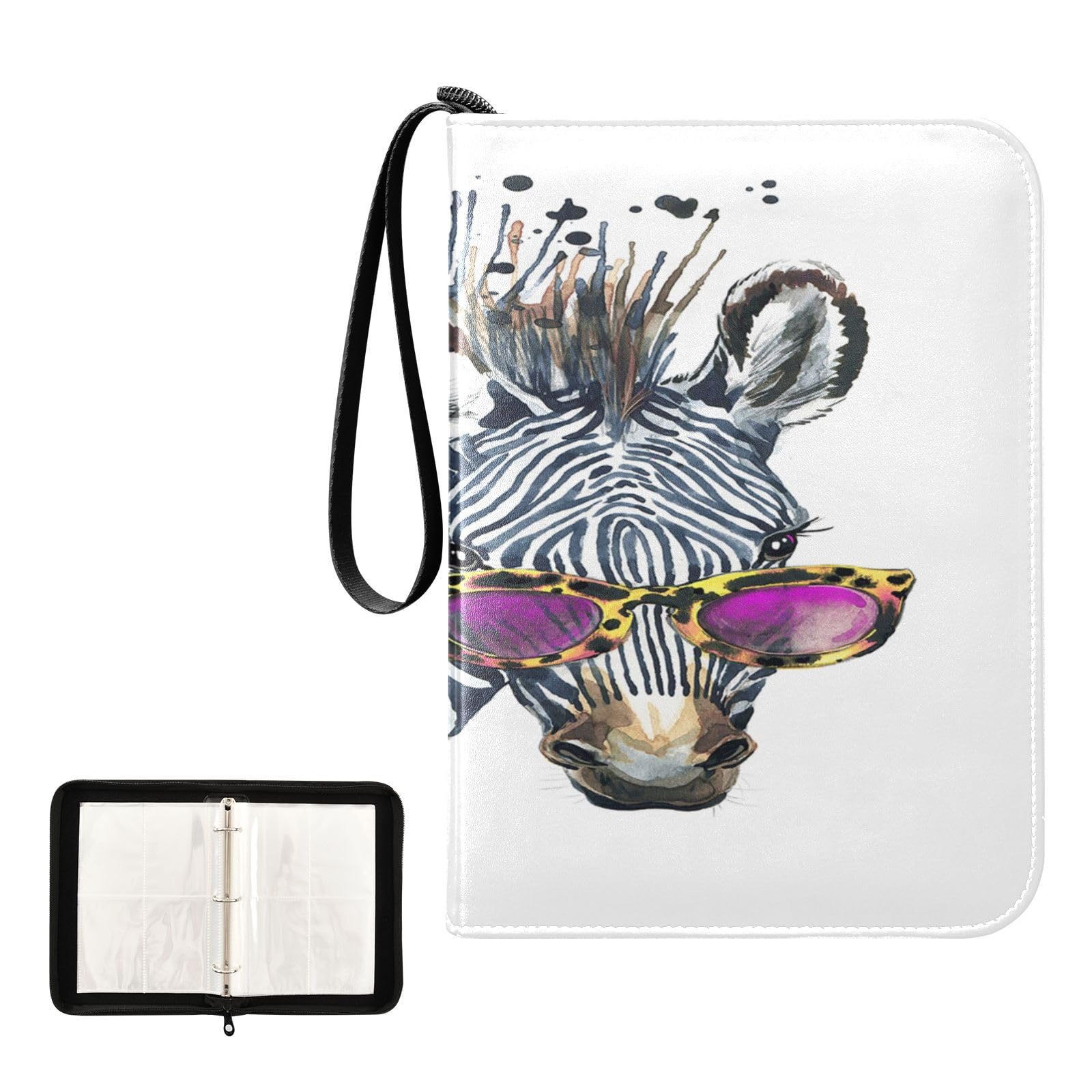 Oyihfvs Watercolor Zebra Sunglasses PU Leather Card Storage Bag, With Zipper Waterproof 50 Pages 400 Slots Card Bag for Students Home School 15.74 x 9.64 inch