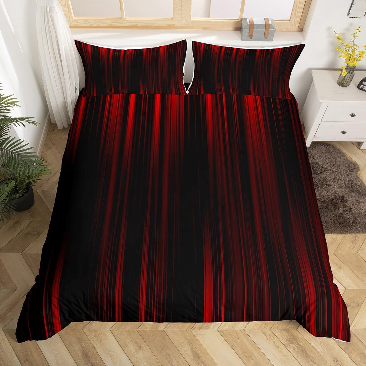 Feelyou Geometric Abstract Ombre Bedding Set Queen Size Kids Black Red Striped Comforter Cover Set for Boys Girls Teens Modern Fashion Duvet Cover Stripes Bedspread Cover Room Decor Quilt Cover