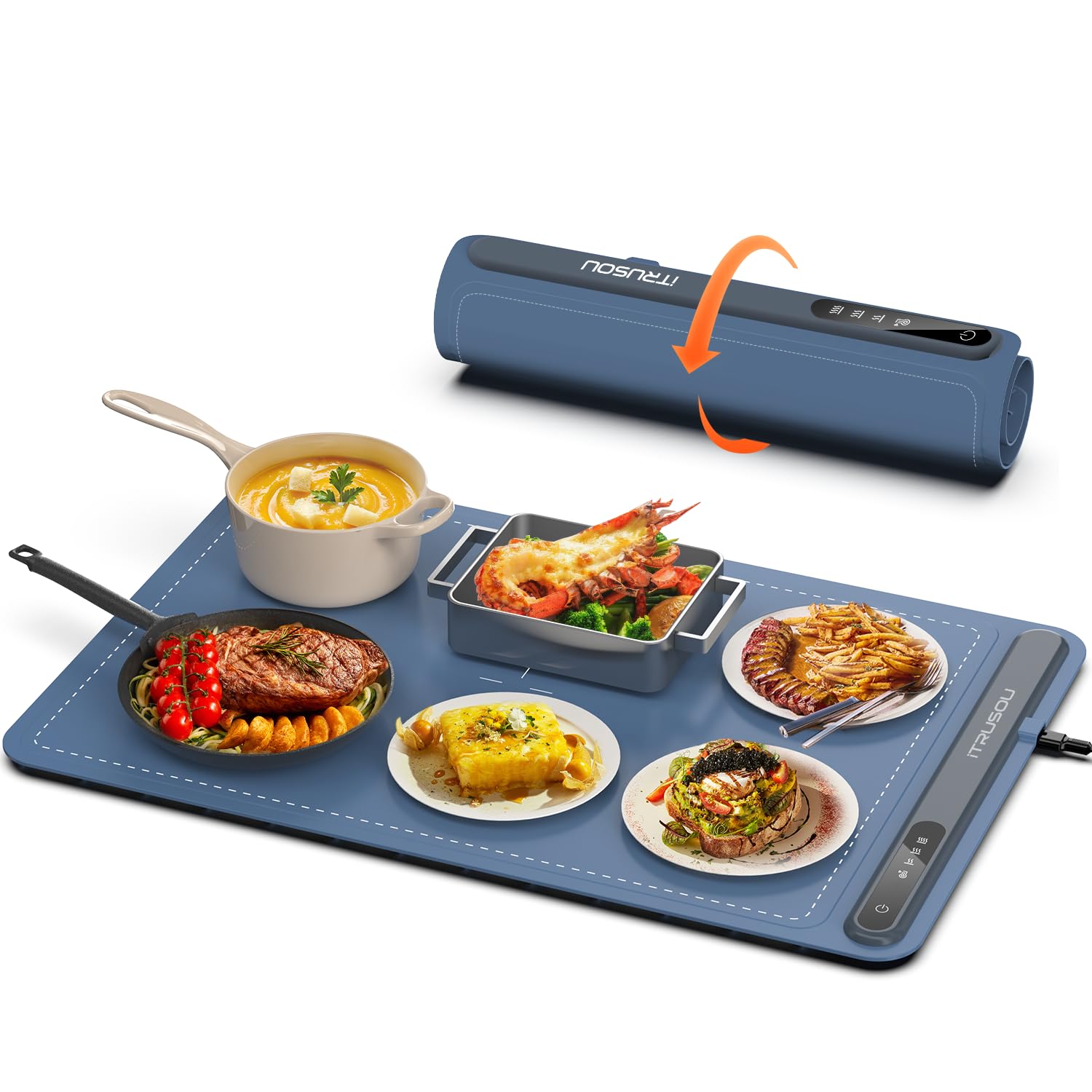 Plateau Chauffant Électrique ITRUSOU 61x41cm - Enroulable, Portable Et Réglable 3 Niveaux Pour Repas Chauds Plateau Silicone Chauffant Réglable