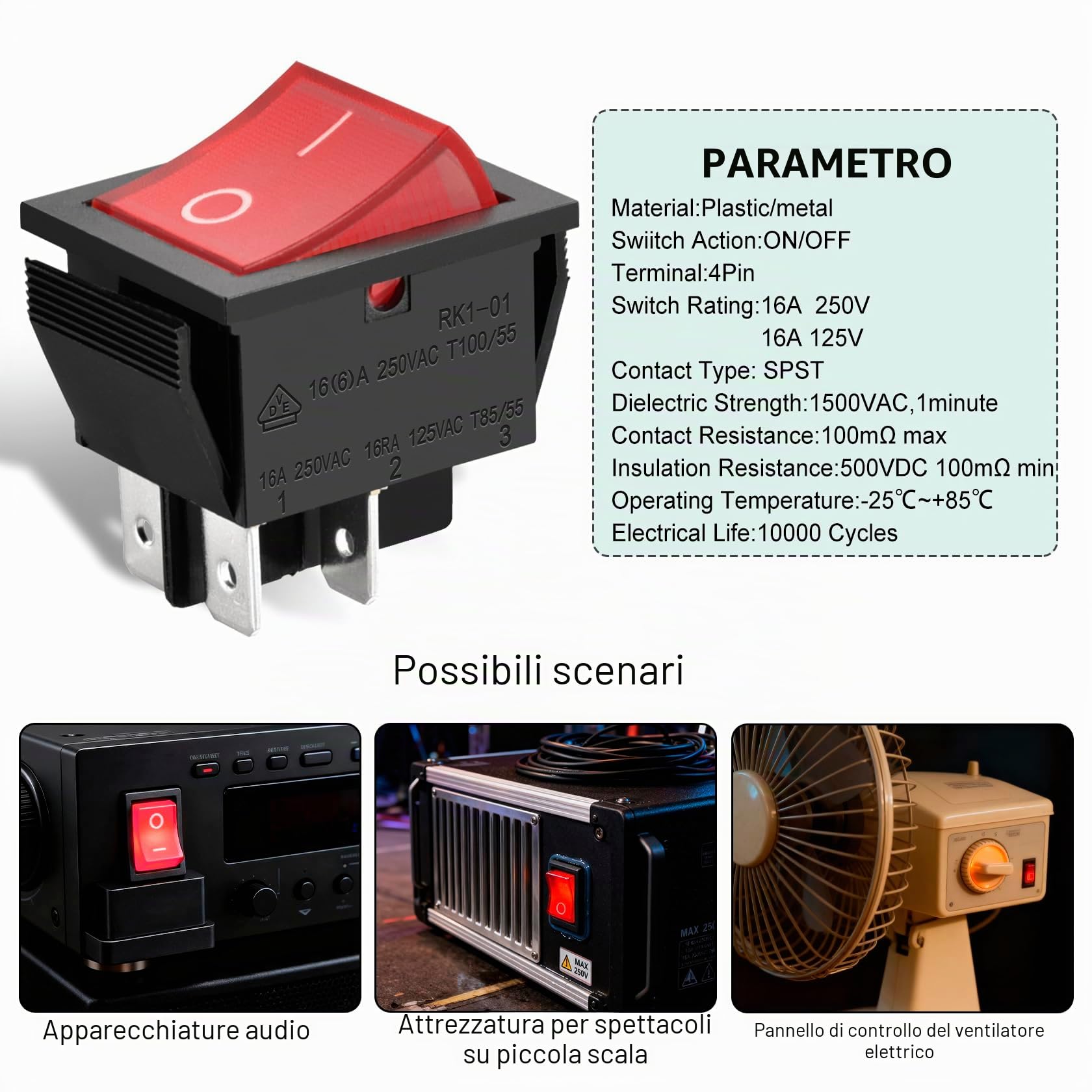 Heschen Interruttore a bilanciere, acceso/spento, DPST, 4 terminali con luce rossa, 16A 250V CA (2)