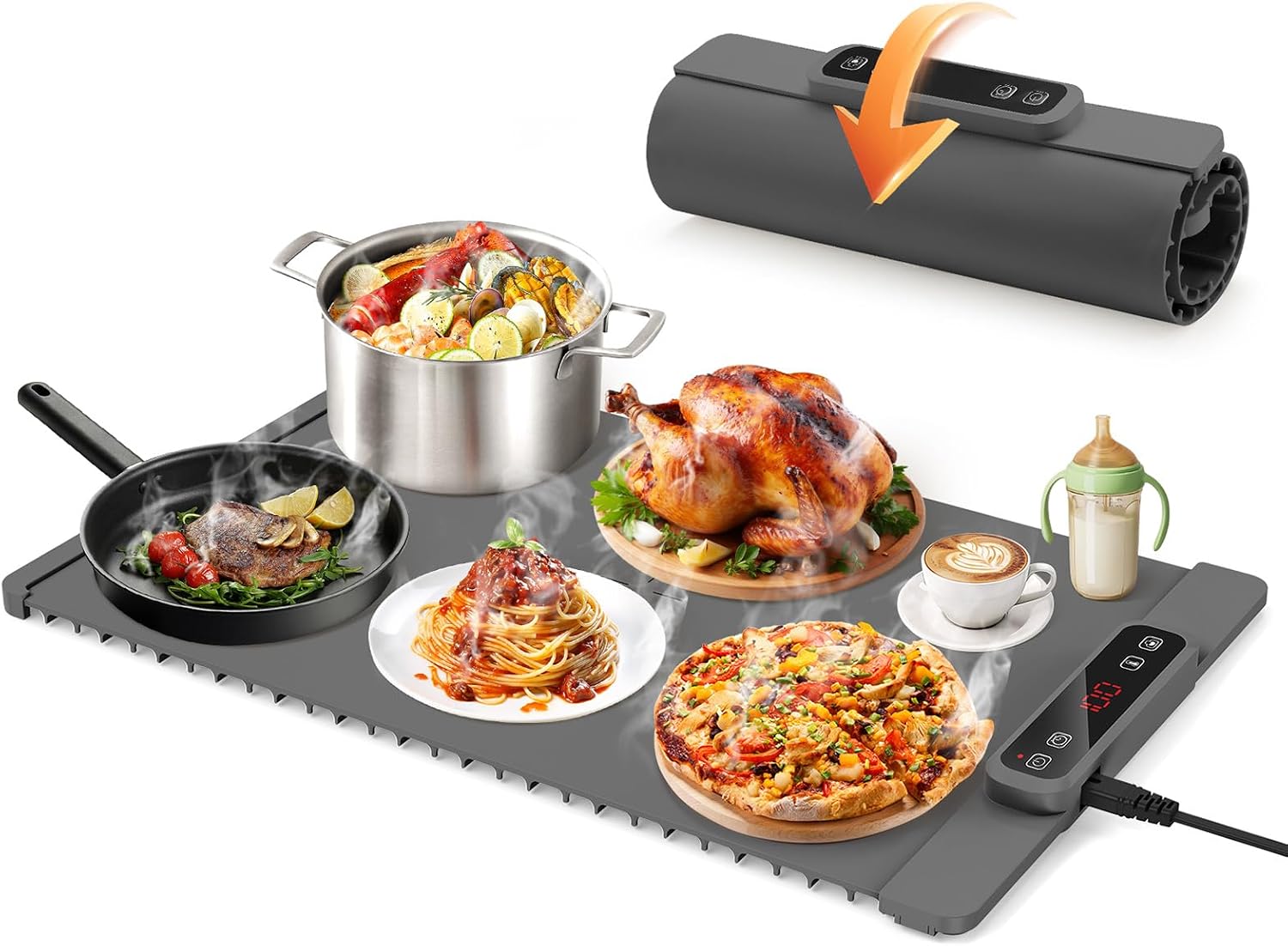 Electric Buffet Warmer - Foldable Hot Plates with 4-Hour Timer, 5 Heat Settings & Water-Proof Mat for Effortless Food Serving & Keeping Warm (Grey)