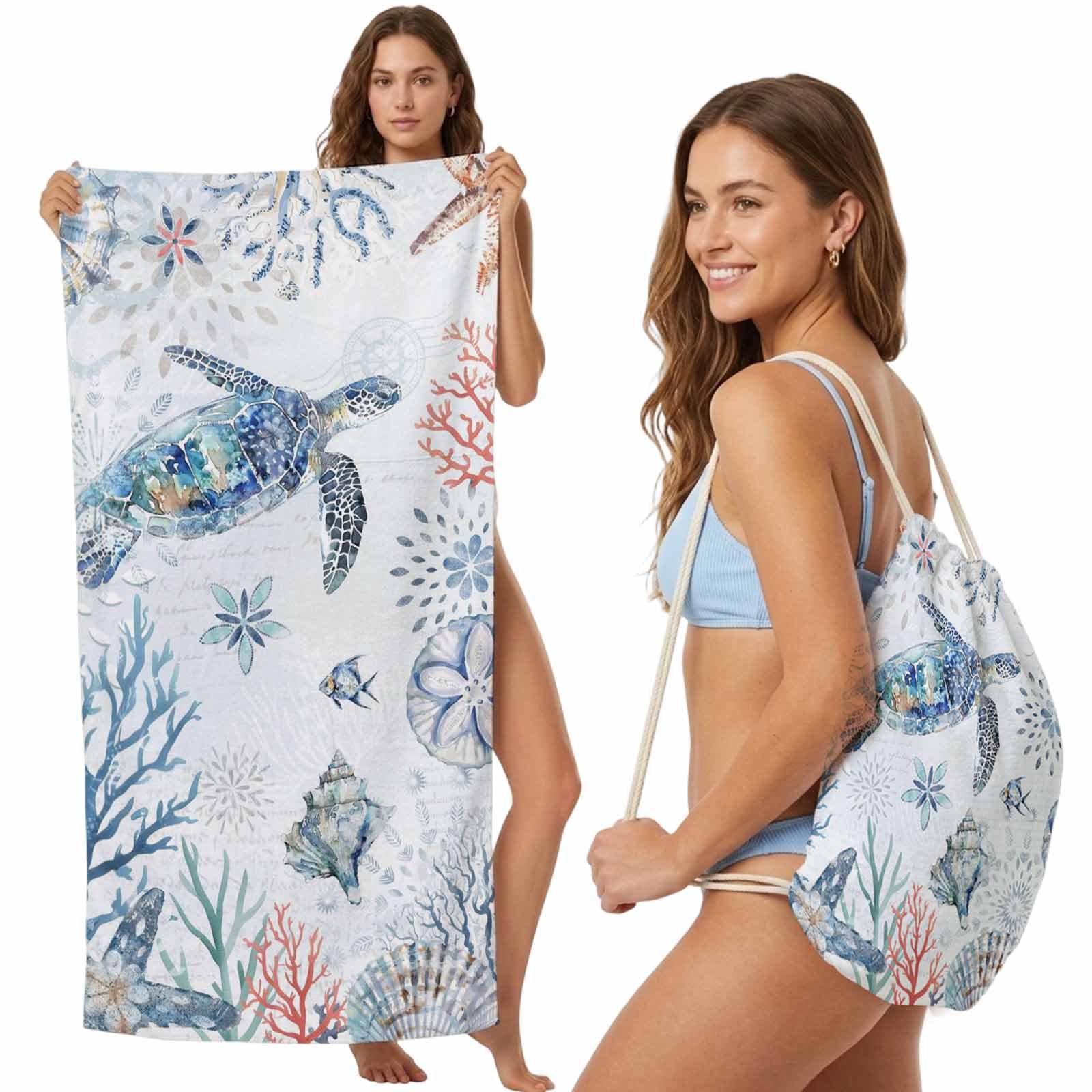Beach Towel Backpack Convertible Crab Coral Starfish Sand Free Quick Dry Towel Bag Marine Life Blue Ocean Beach Towel with Adjustable Straps for Travel Swimming Pool Beach Accessories 31.5x63in
