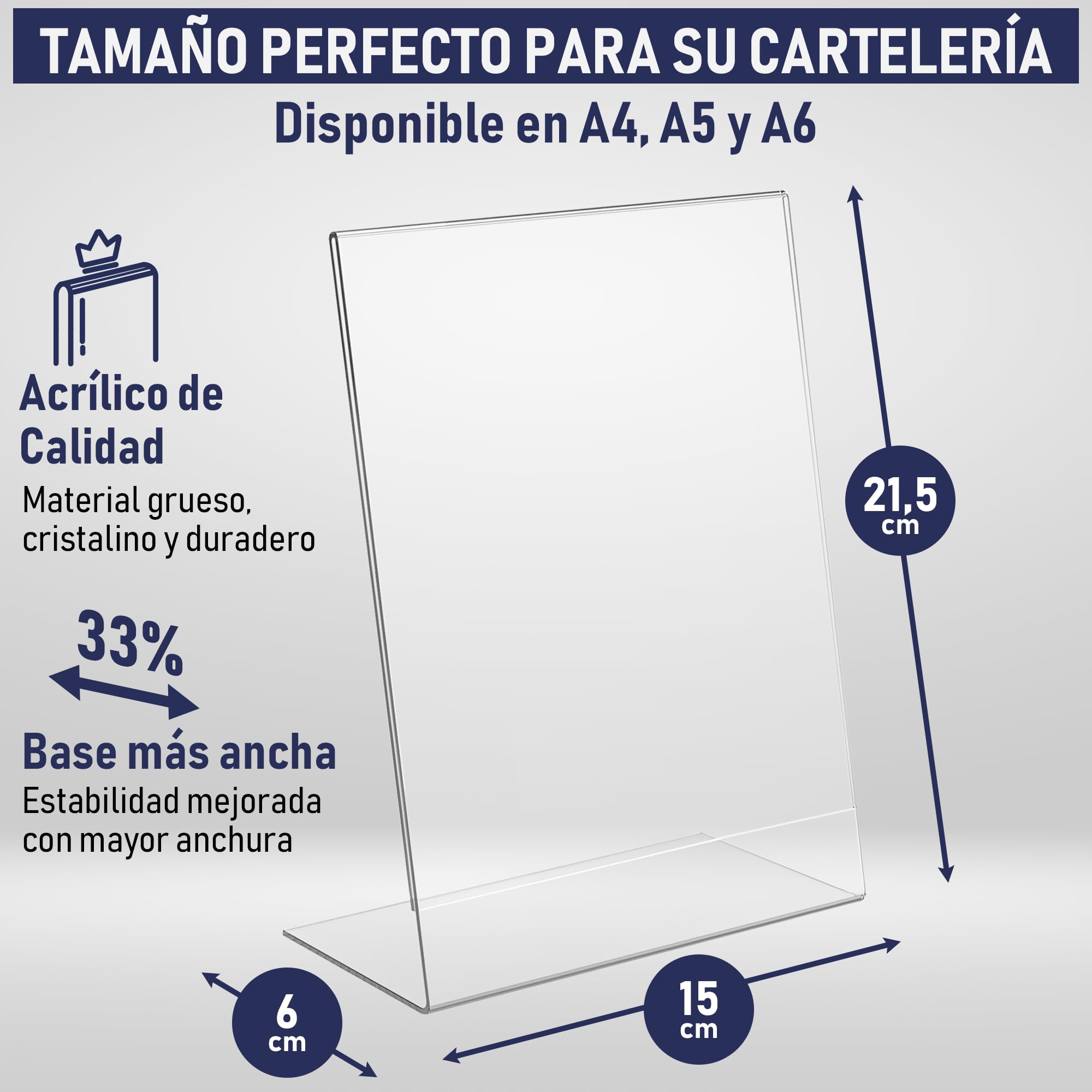 Soporte para carteles A5 de acrílico transparente inclinado, porta carteles de metacrilato para mostrador, expositor de plástico para menús, anuncios, folletos y señalización (A5 - 6 Unidades)