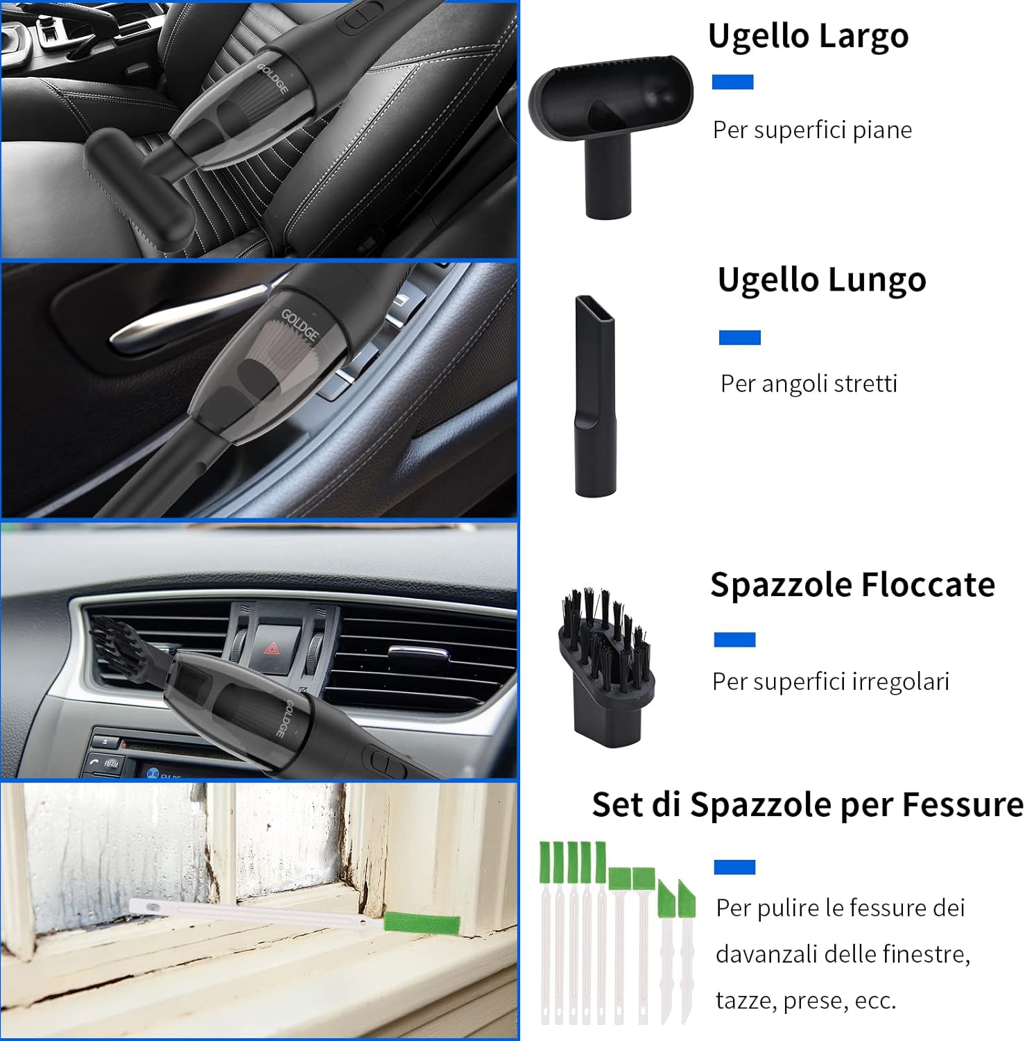 GOLDGE Aspirabriciole Senza Fili, 8000Pa Aspirapolvere Portatile per Auto 120W 7.4V Ricaricabile Umido e Secco Basso Rumore Aspirapolvere auto Potente per Casa, Auto, Ufficio - Immagine 4