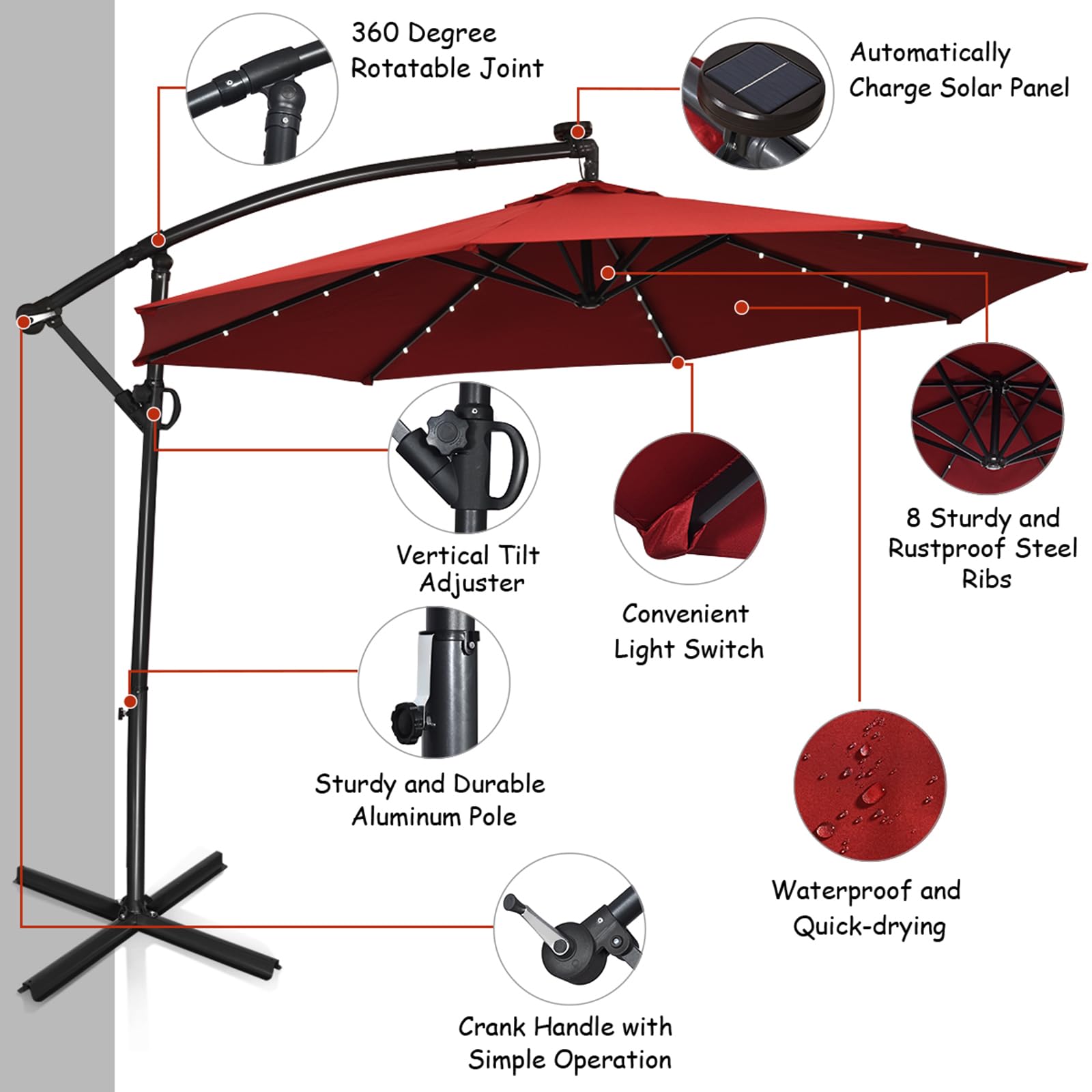 KOMFOTTEU Parasol przeciwsłoneczny LED, parasol ogrodowy z korbą ręczną, parasol tarasowy ze stojakiem, obracany o 360°, składany, pochylony, 300 cm x 230 cm, do ogrodu, na taras, basen, czerwony