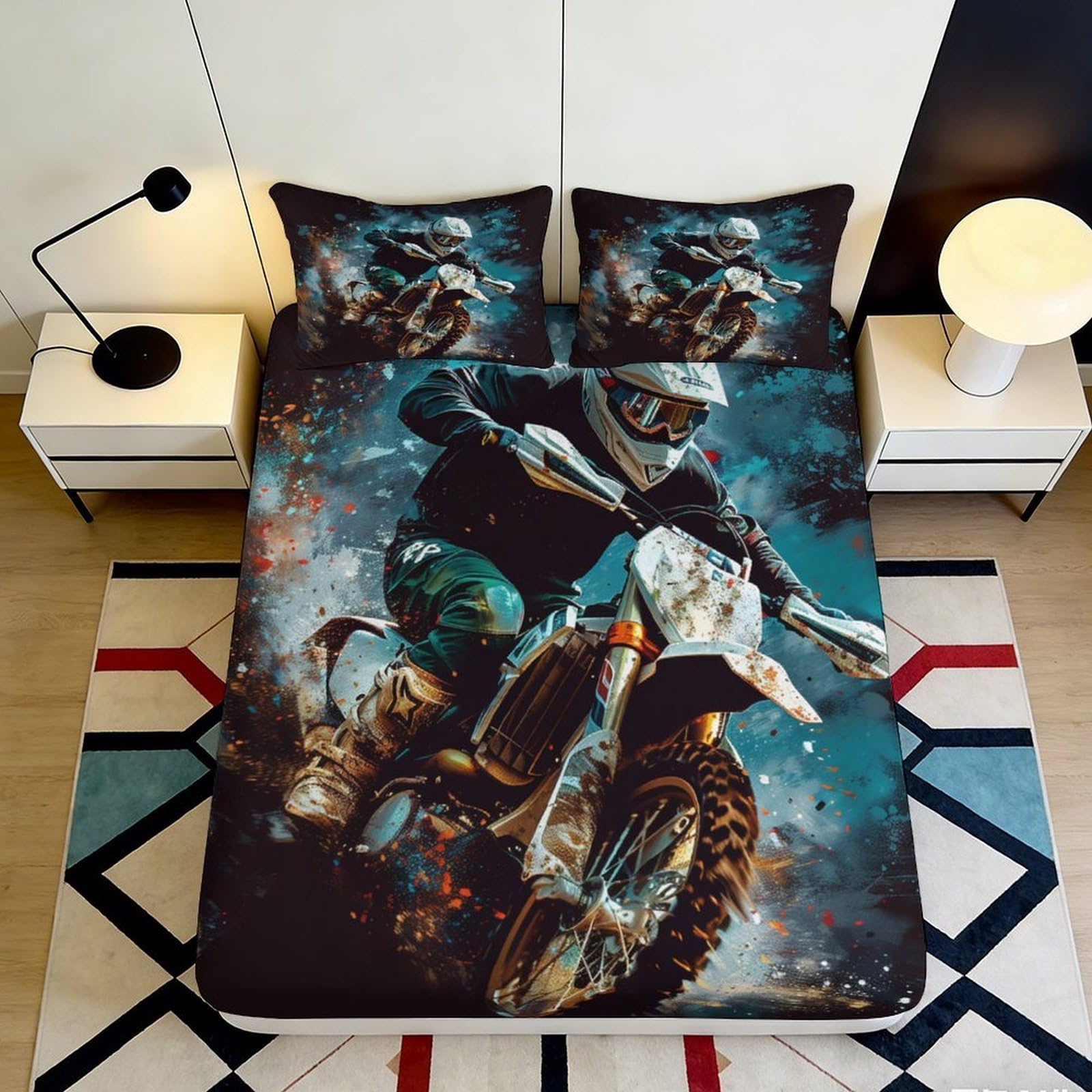 3D Printed Motocross Rider Fitted Sheet Microfiber Soft Anti-Slip Dirt Bike Mattress Cover for Bedroom Dorm Decor 90x200x25cm
