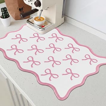 Drydiet Pink Bow Coffee Mat 12" x 19" Scalloped Bow Coffee Bar Mats Pink Dish Drying Pad for Kitchen Counter Coquette Kitchen Absorbent Dish Pad Cute Bar Countertop Accessories Decor