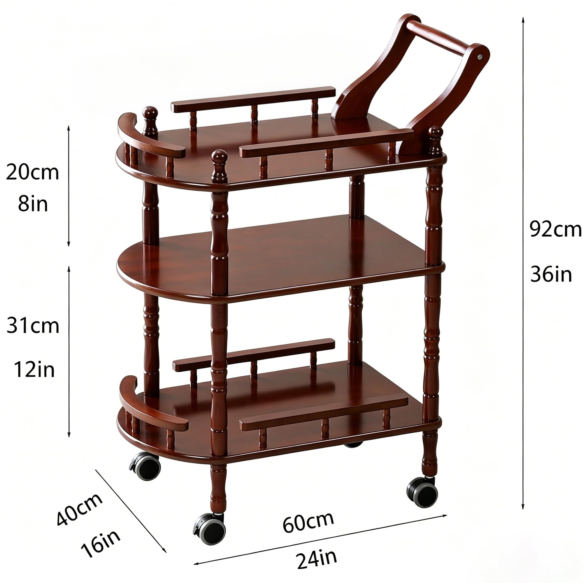 Carrello da cucina di intrattenimento, carrello da bar mobile a 3 livelli in legno di gomma importato moderno Midcentury in legno finito marrone