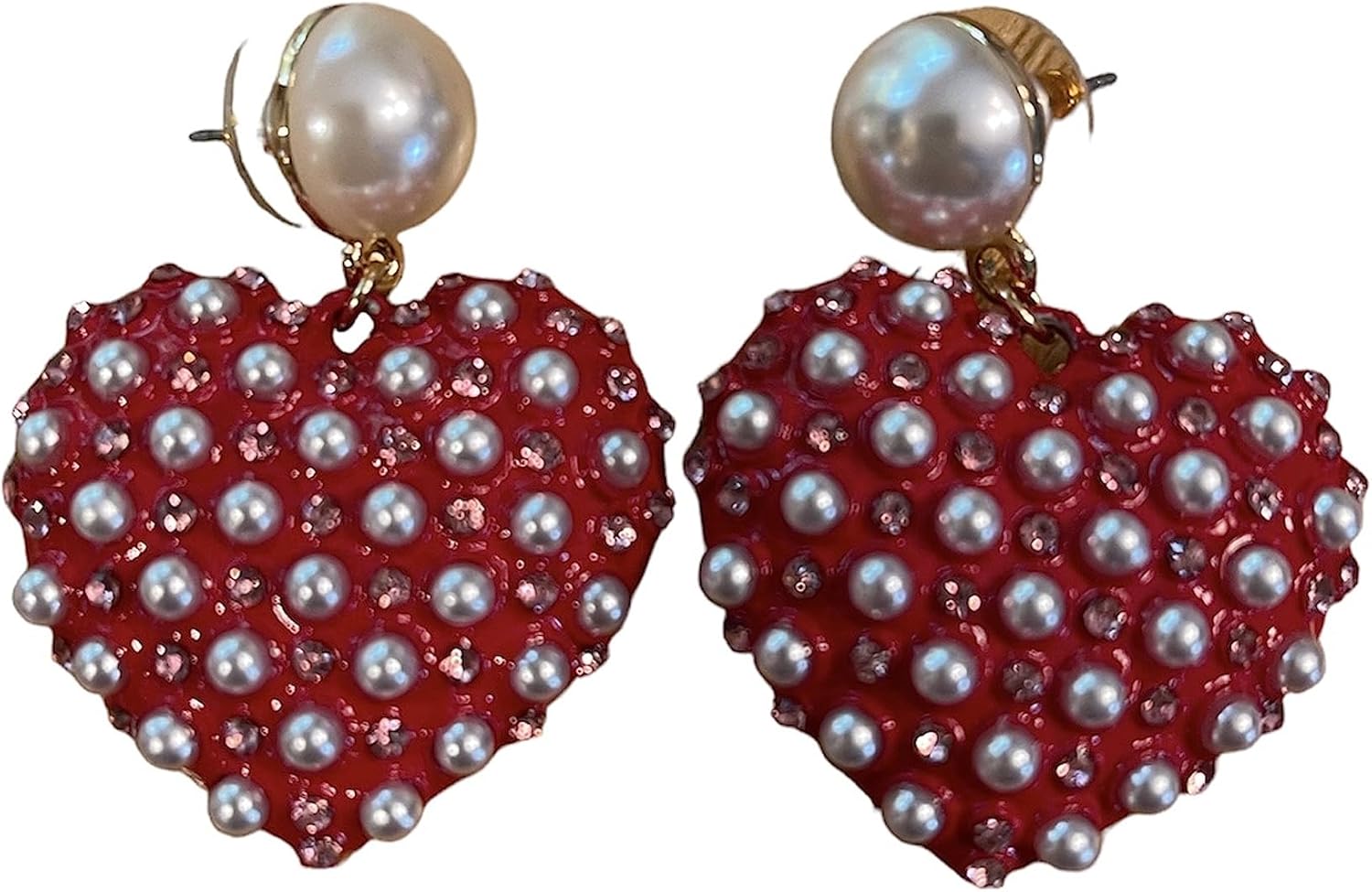 Betsey Johnson Gold Tone Faux Pearl & Red Enamel Heart Drop Earrings