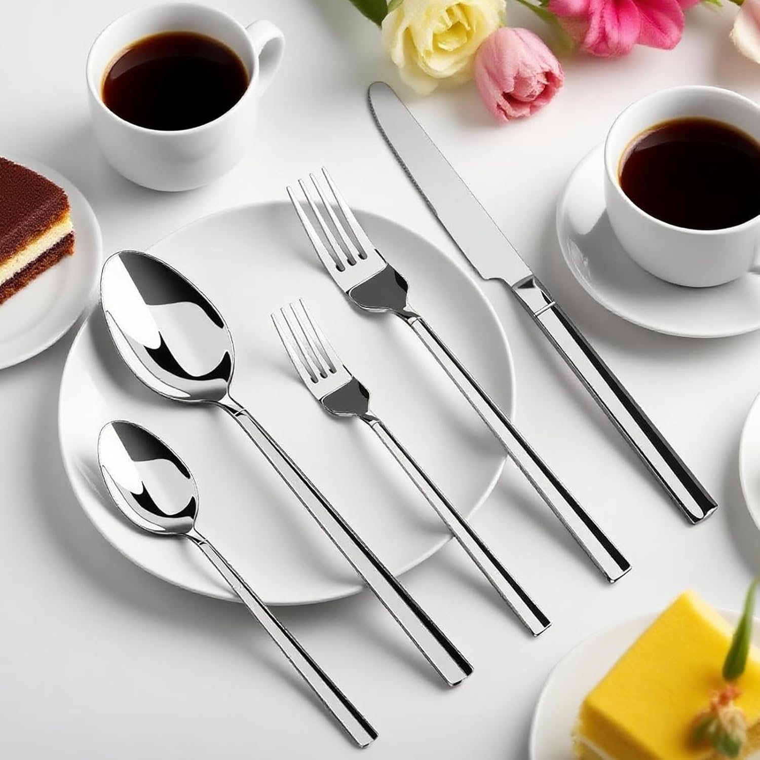 WANGYUANJI 20-Piece Stainless Steel Flatware Set for 4, Modern Mirror Polished Silverware Set, Heavy-Duty Cutlery with Ergonomic Square Handle, Dishwasher Safe Tableware for Home, Kitchen, Restaurant