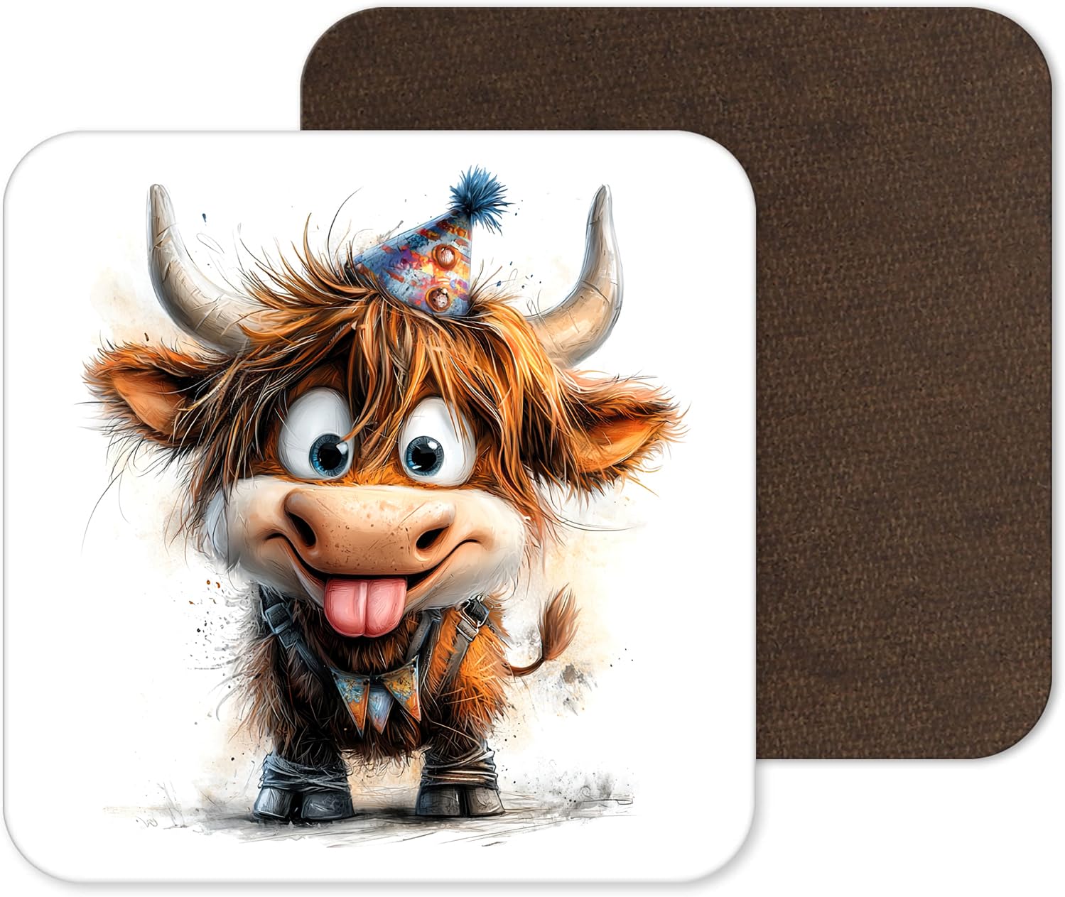 Funny and Cute Highland Cow Coasters - 25 Designs - Funny Retro Square Wooden Coaster (Design 21)