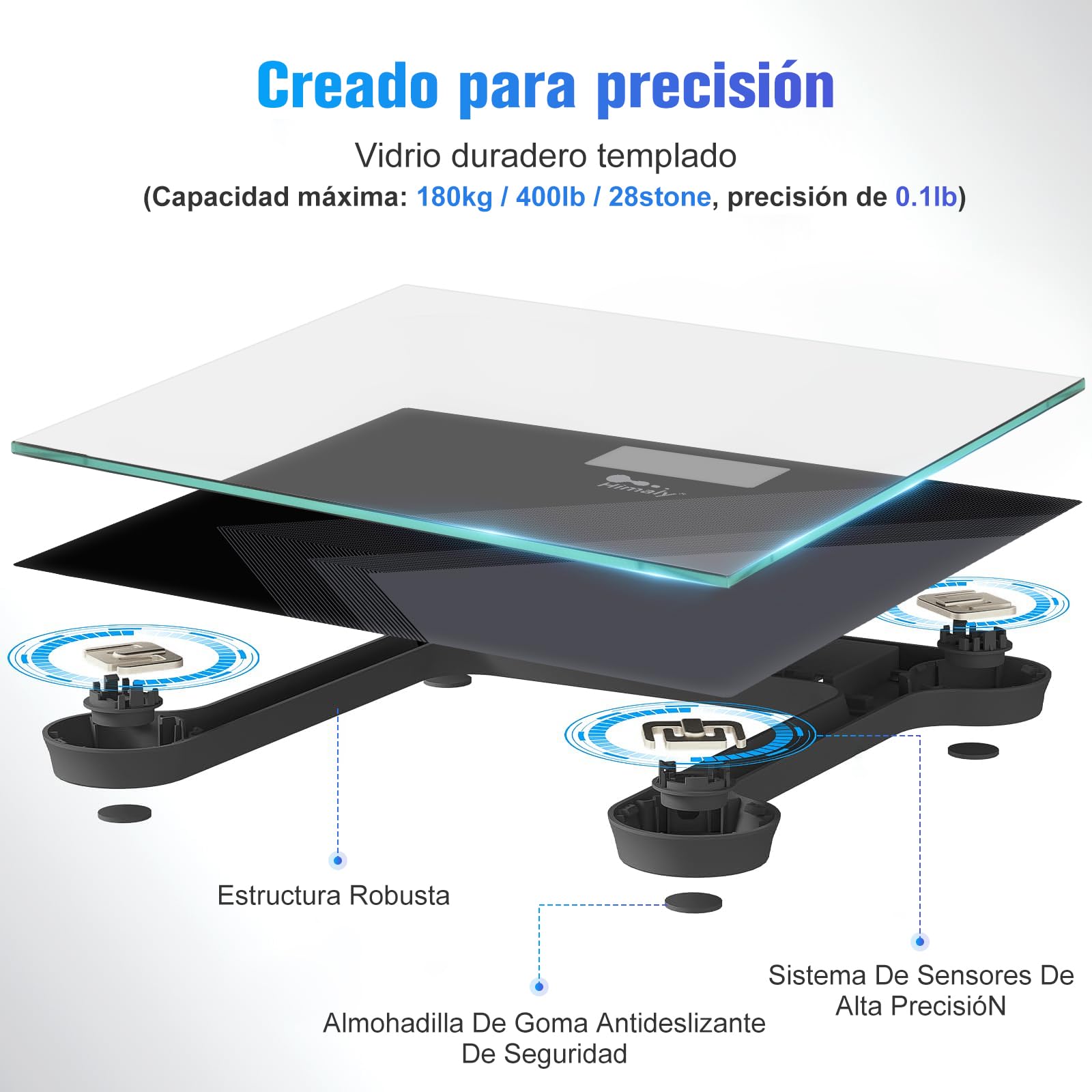 himaly Báscula baño con pantalla LCD, balanza para baño compacta, capacidad de 180kg / 400lbs, plataforma de vidrio, apagado automático, Carga USB