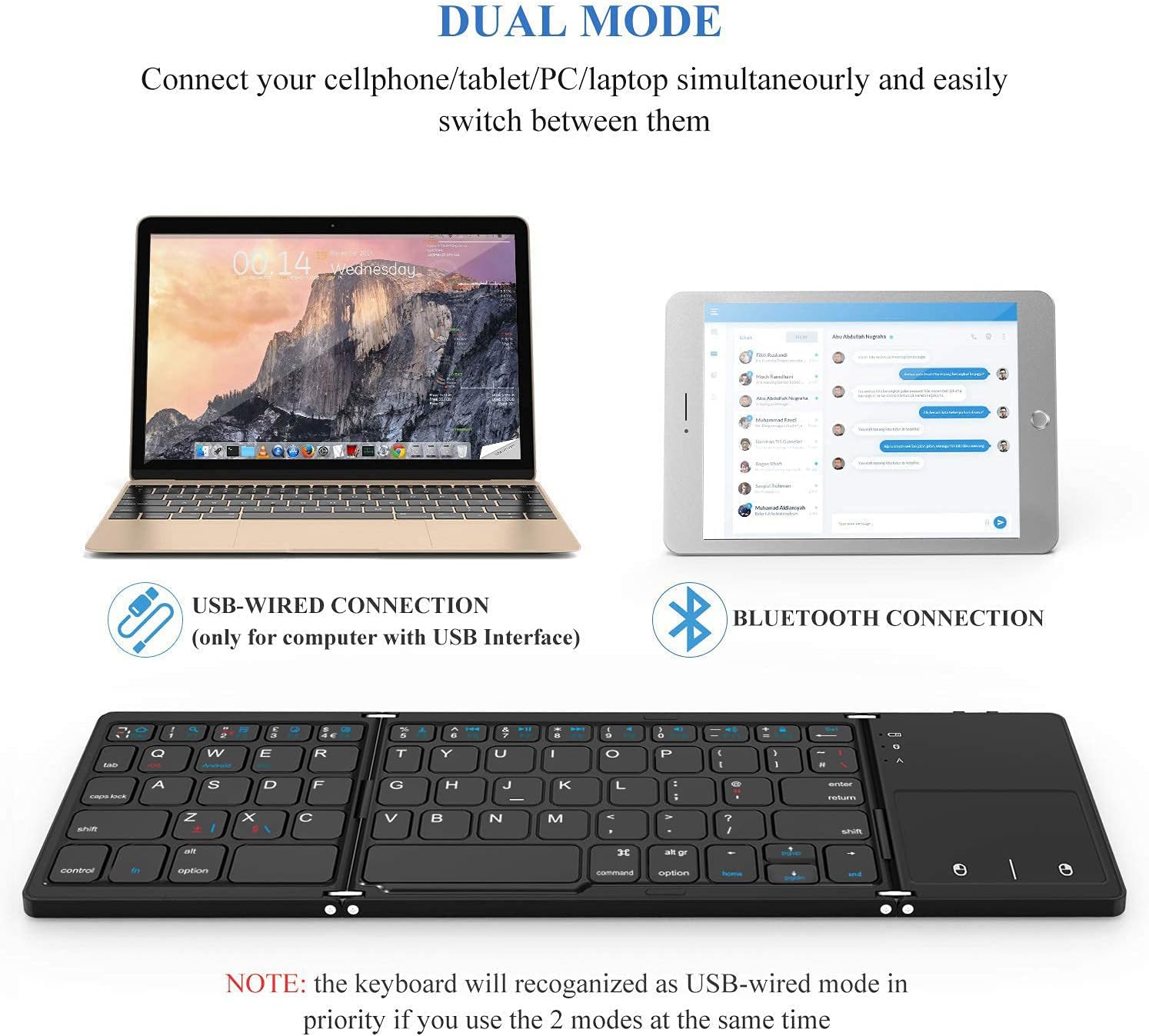 Rechargeable Mini Foldable Keyboard, USB Wired & Bluetooth Keyboard