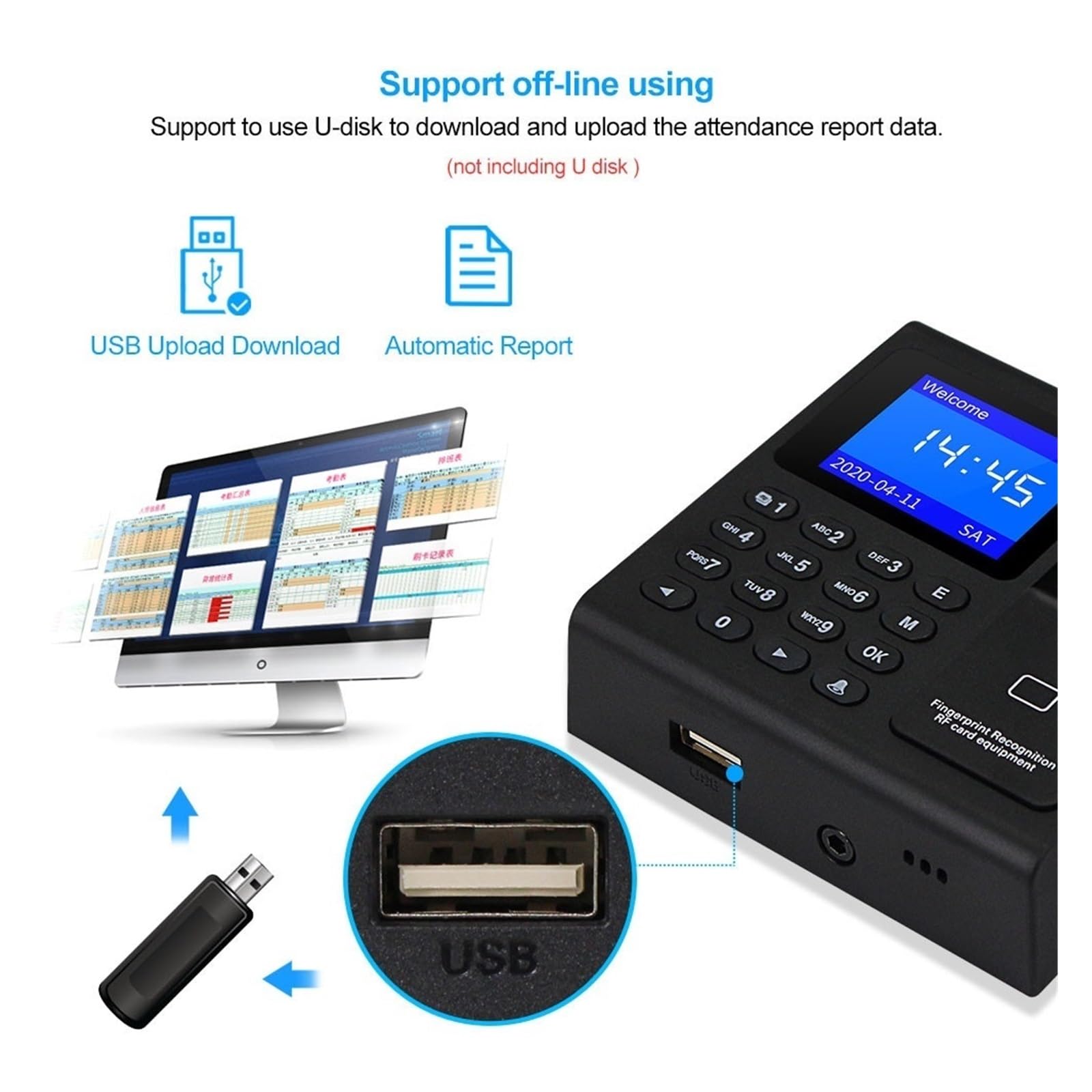 Control Horario Empleados, Máquina de asistencia con huella dactilar F30, control de acceso con teclado, reloj de tiempo eléctrico, grabadora, gestión de datos USB con llaves ,Material de Oficina