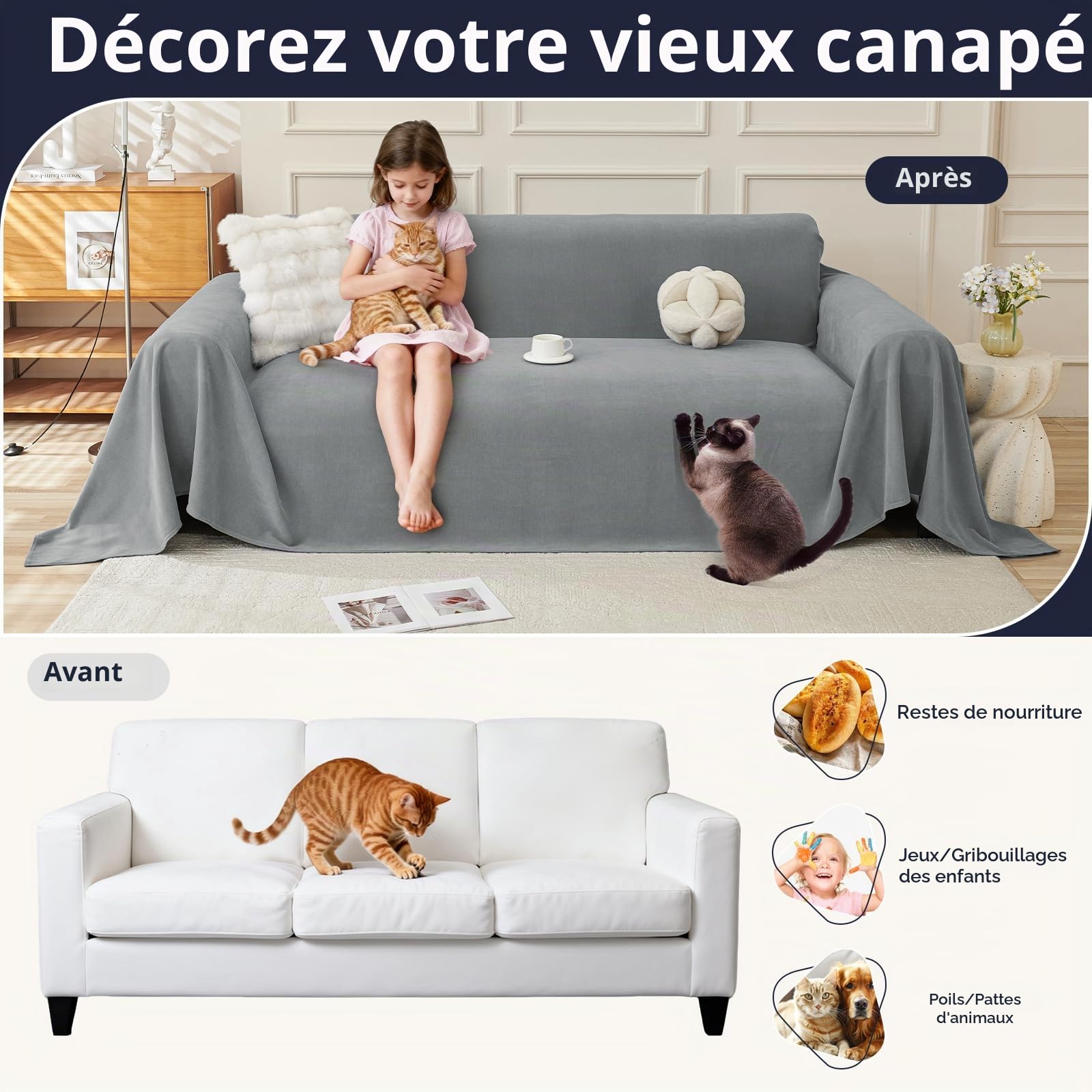 Royhom Housse de Canapé, Protege Canape Hydrofuge, Gris, 380x180 cm